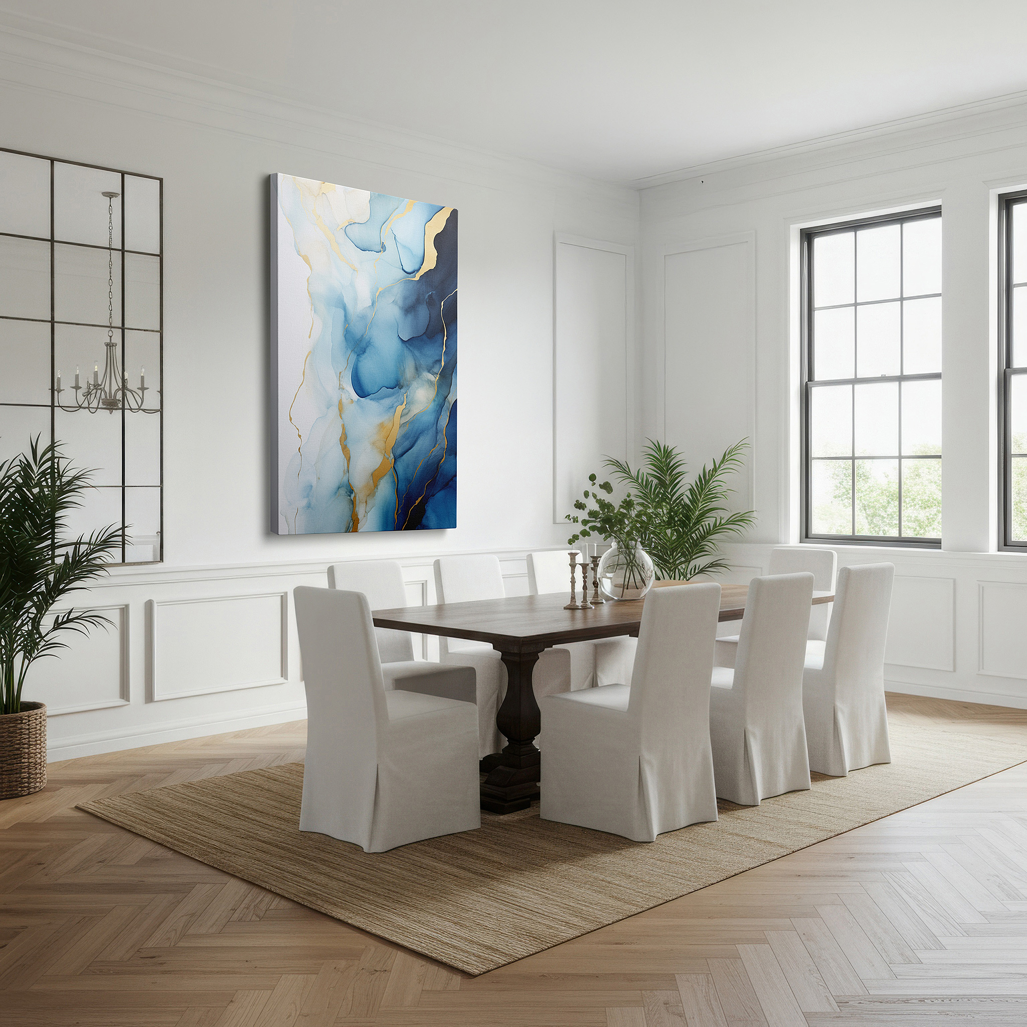 Displayed above a contemporary leather sofa in warm light — sophisticated symphony of tranquil blues and golden hues: large wall art, canvas wall art, wall art decor, office wall art
