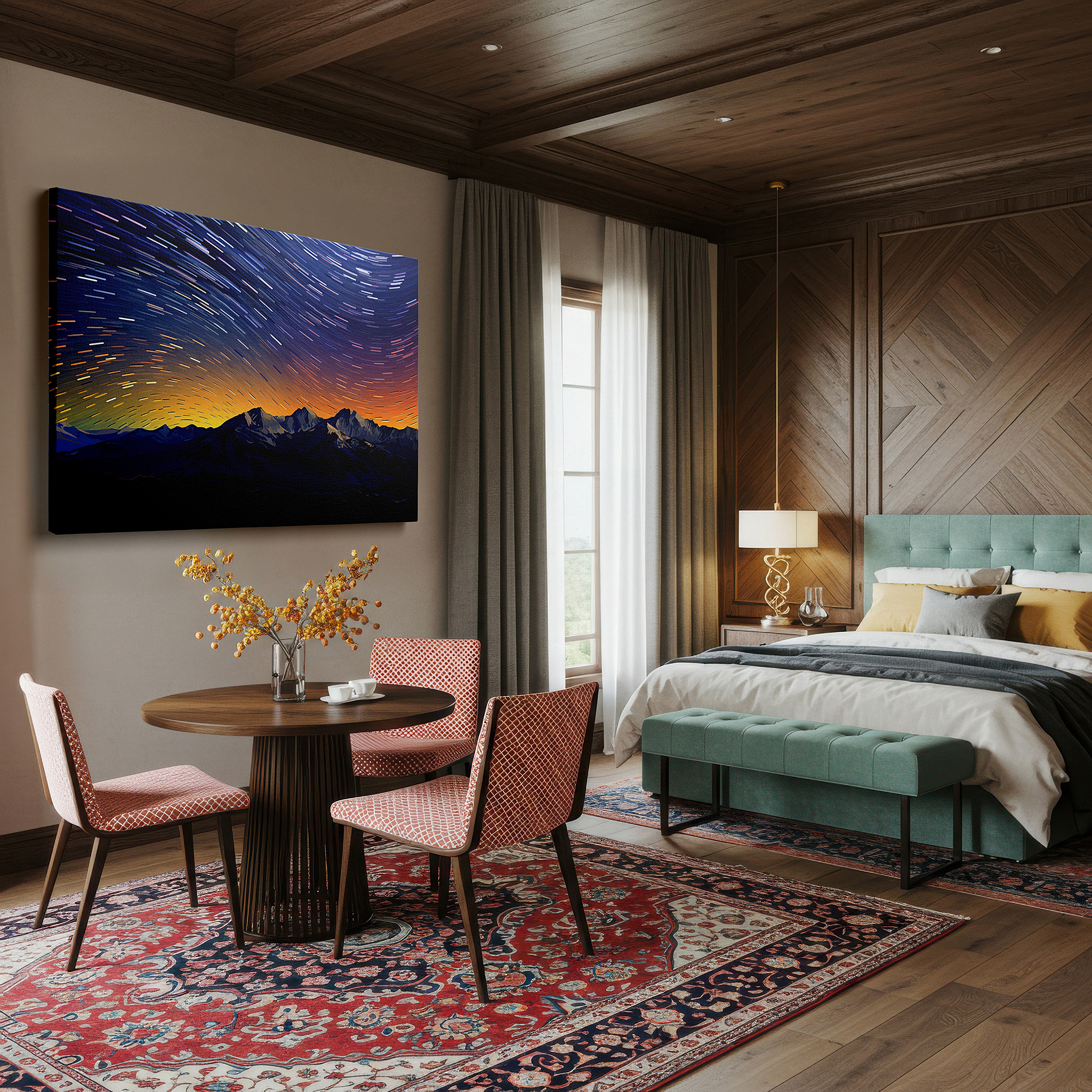 Displayed above a contemporary leather sofa in warm light — star trails and twilight over snow-capped peaks - large canvas wall art for office and bedroom decor