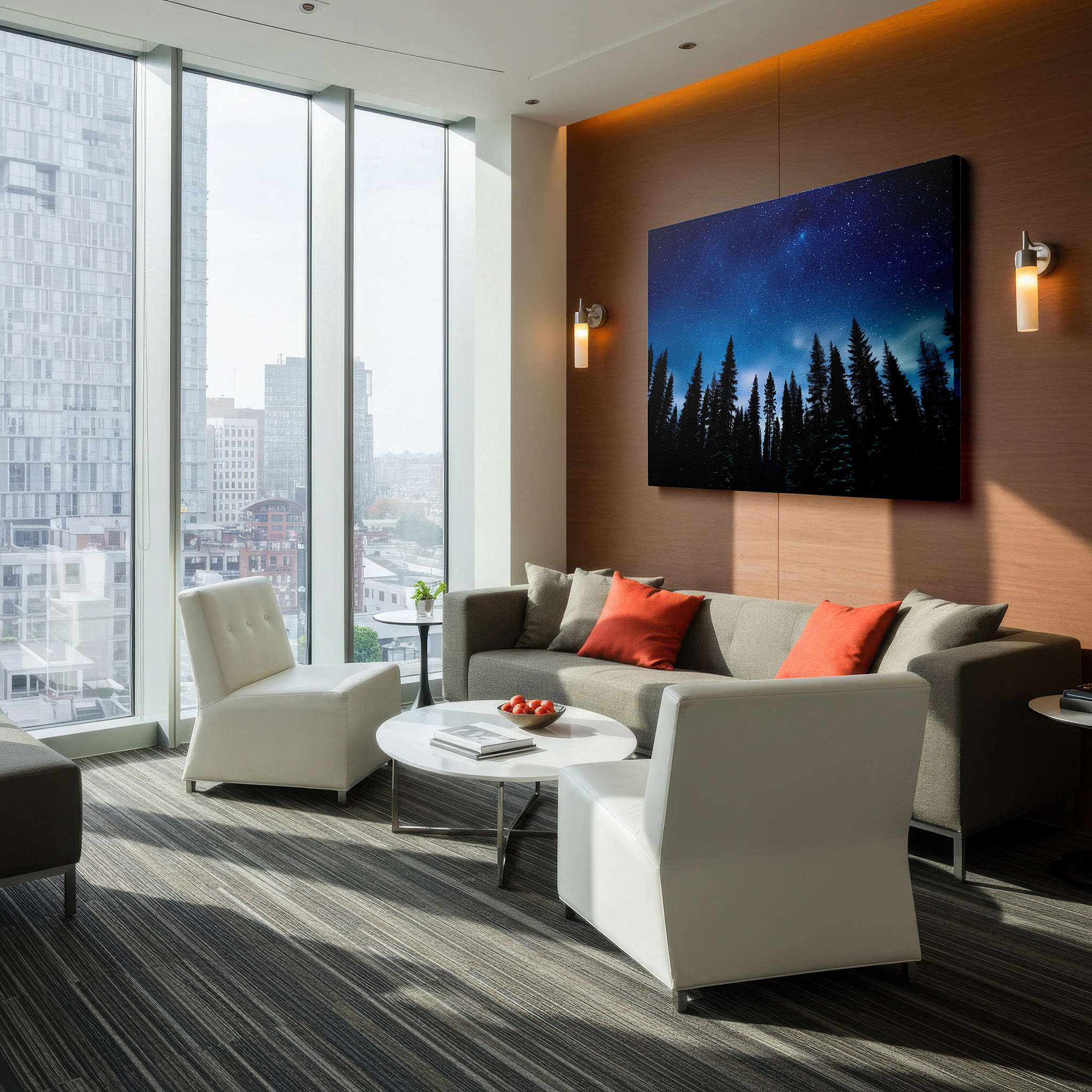 Displayed above a contemporary leather sofa in warm light — starry night with majestic pine silhouettes large canvas wall art for office and bedroom decor