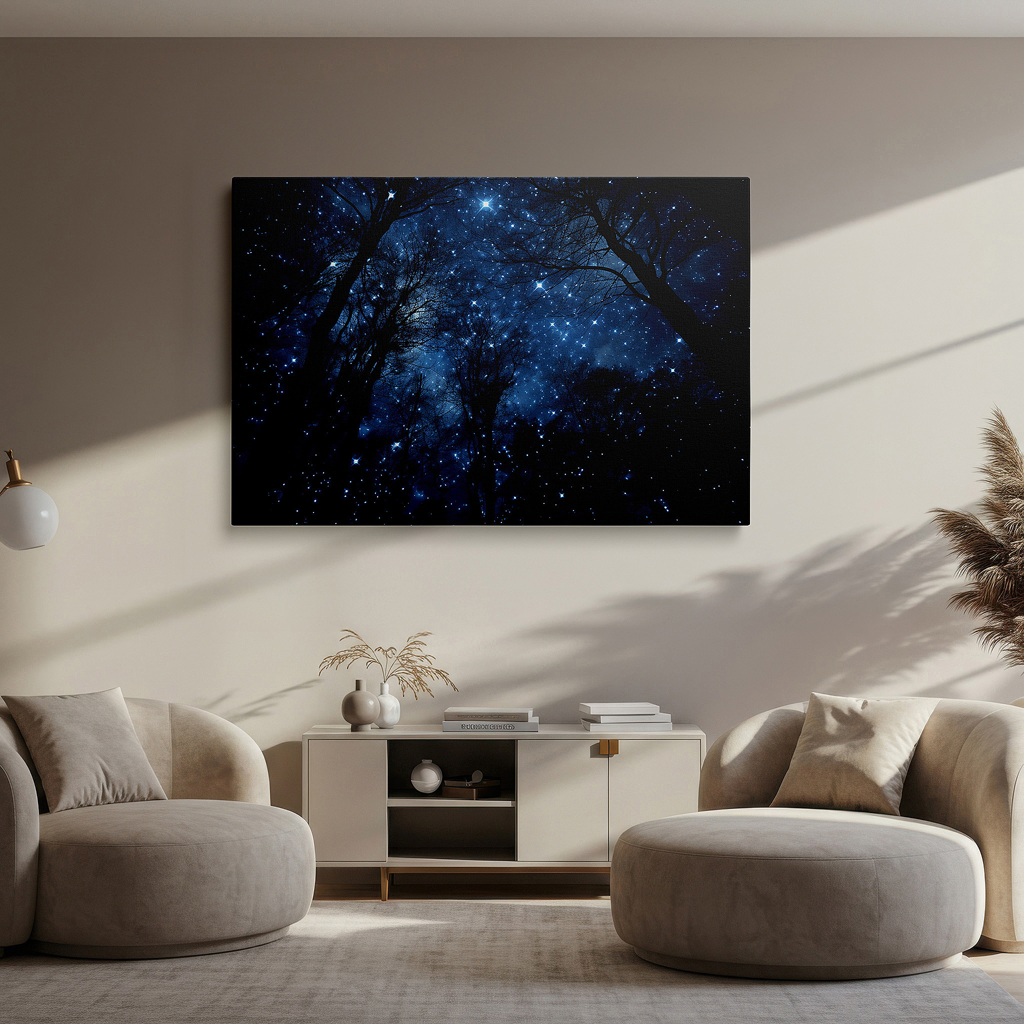 Displayed above a contemporary leather sofa in warm light — starry night sky and enigmatic forest wall art: large canvas featuring a tranquil realm with twinkling stars and mystical lights, ideal for office decor