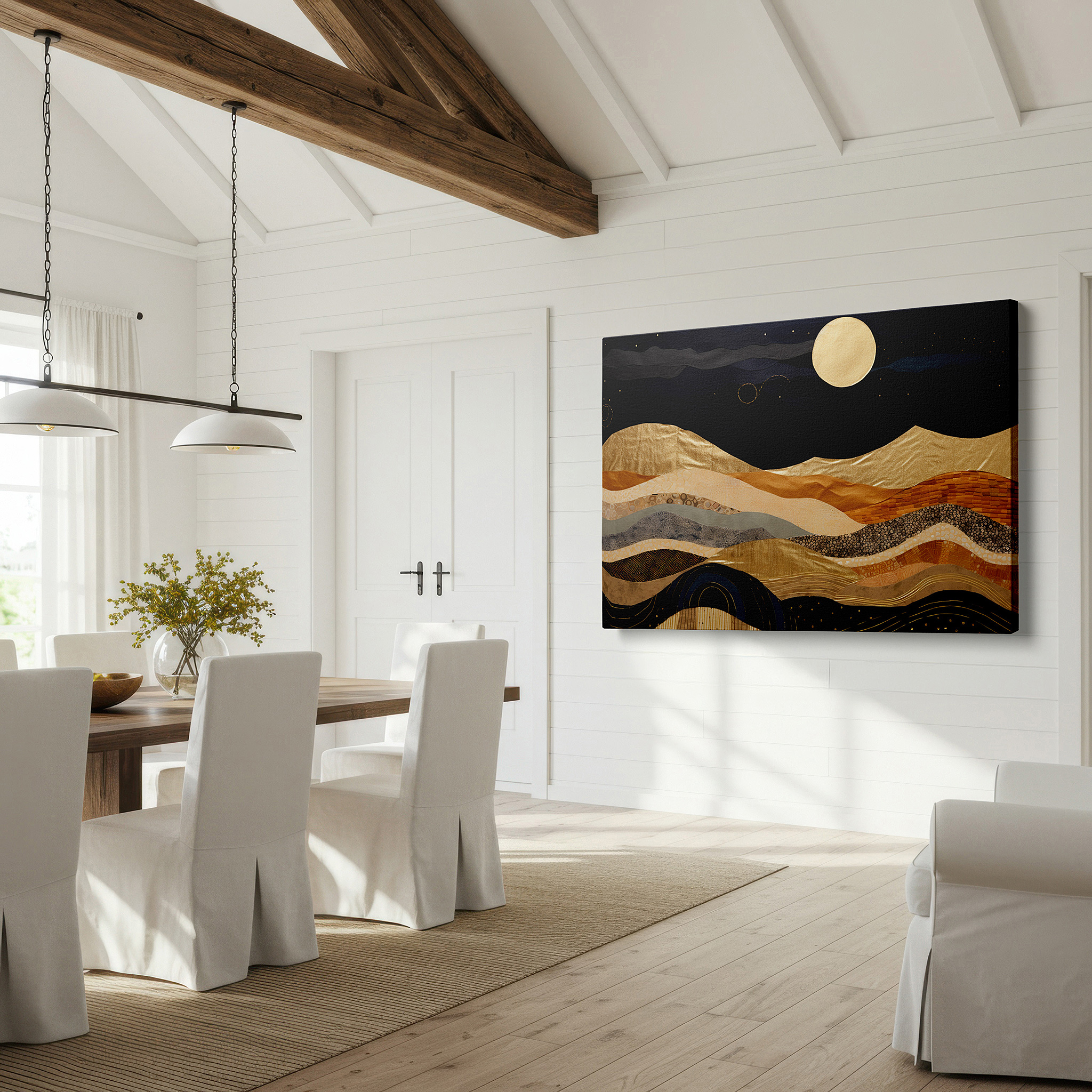 Displayed above a contemporary leather sofa in warm light — starry sky over golden hills with glowing moon, tranquil nature masterpiece, large canvas wall art for office and bedroom decor