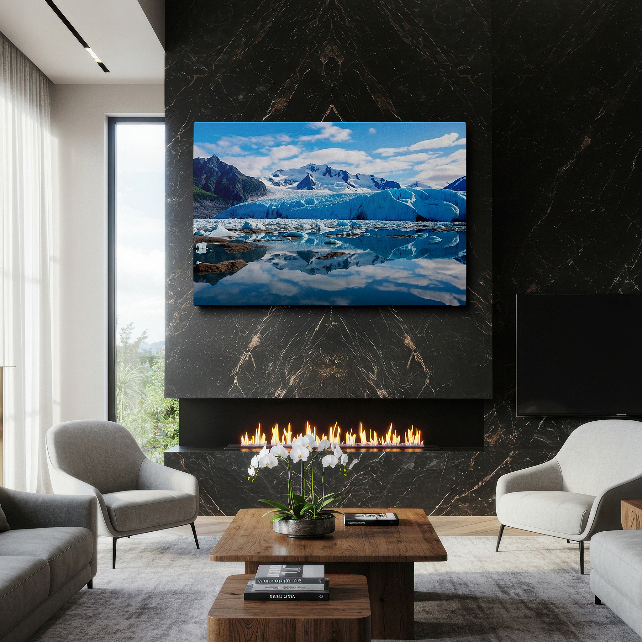 Displayed above a contemporary leather sofa in warm light — stunning glacier reflections in peaceful waters surrounded by lofty mountains - large canvas wall art for office and bedroom decor