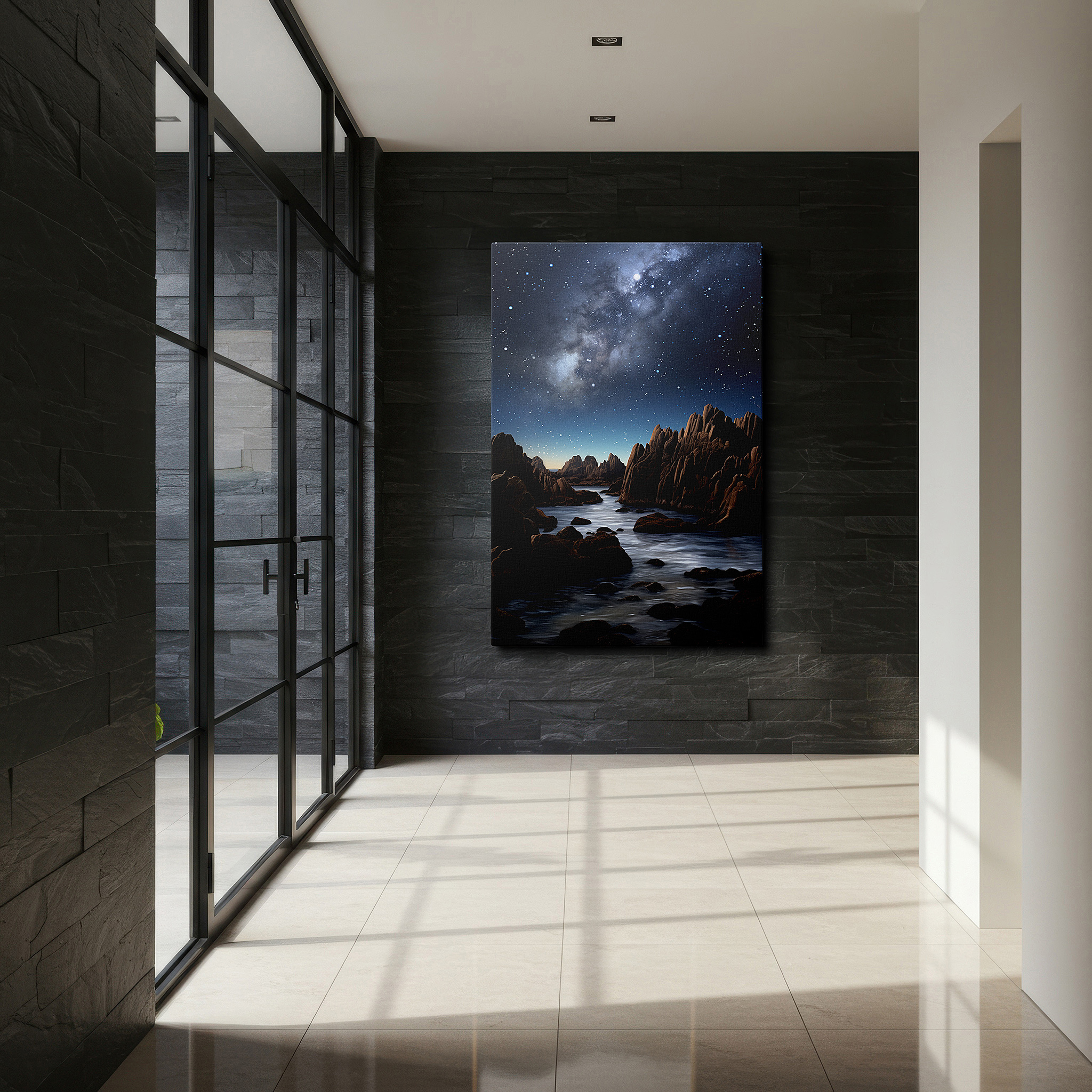 Displayed above a contemporary leather sofa in warm light — stunning rocky landscape beneath the ethereal milky way, large canvas wall art for a visual journey into nature and the cosmos, perfect for home or office decor