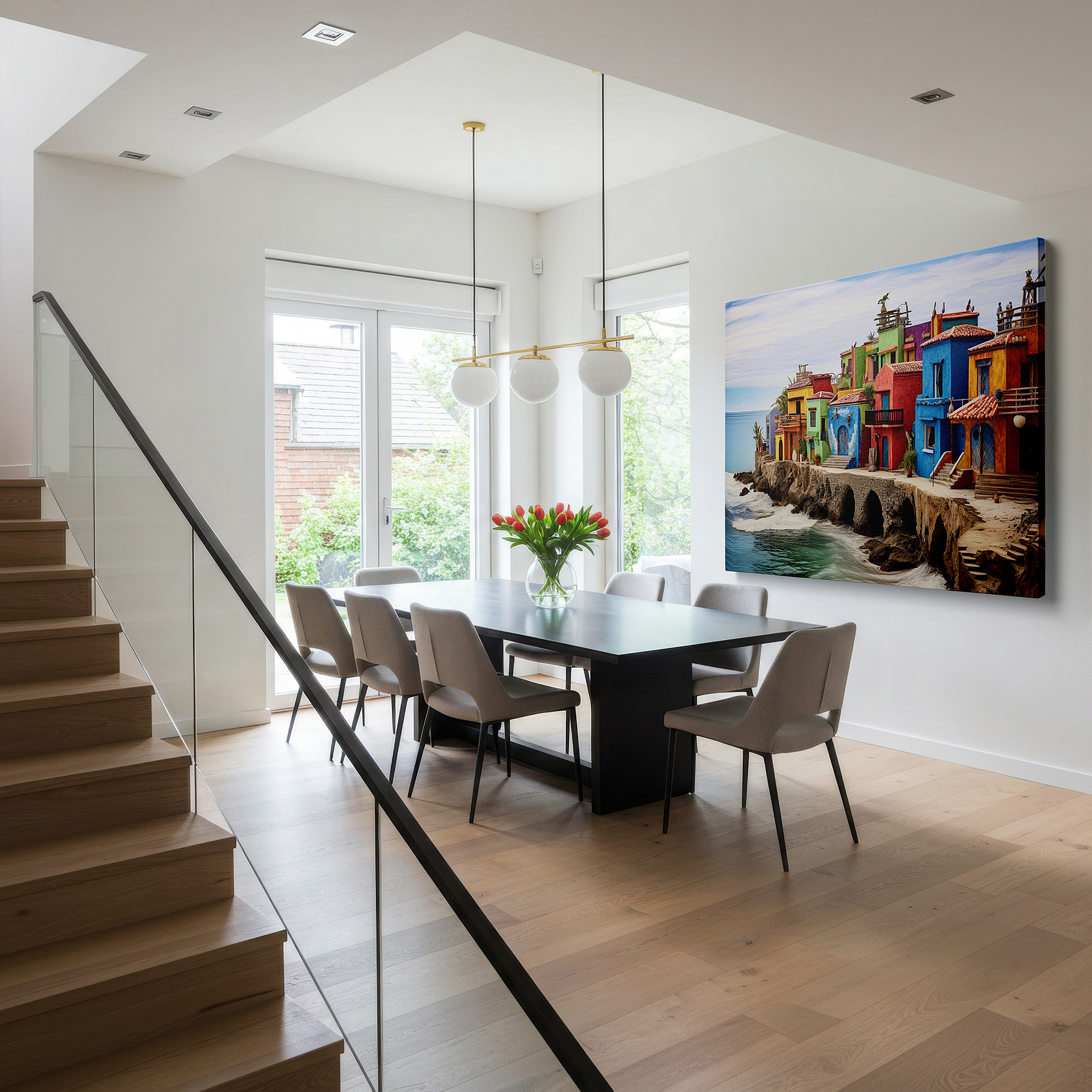 Displayed above a contemporary leather sofa in warm light — sunlit cliffside coastal village, escape to serene blue waters large wall art, canvas wall art, wall decor for office and bedroom