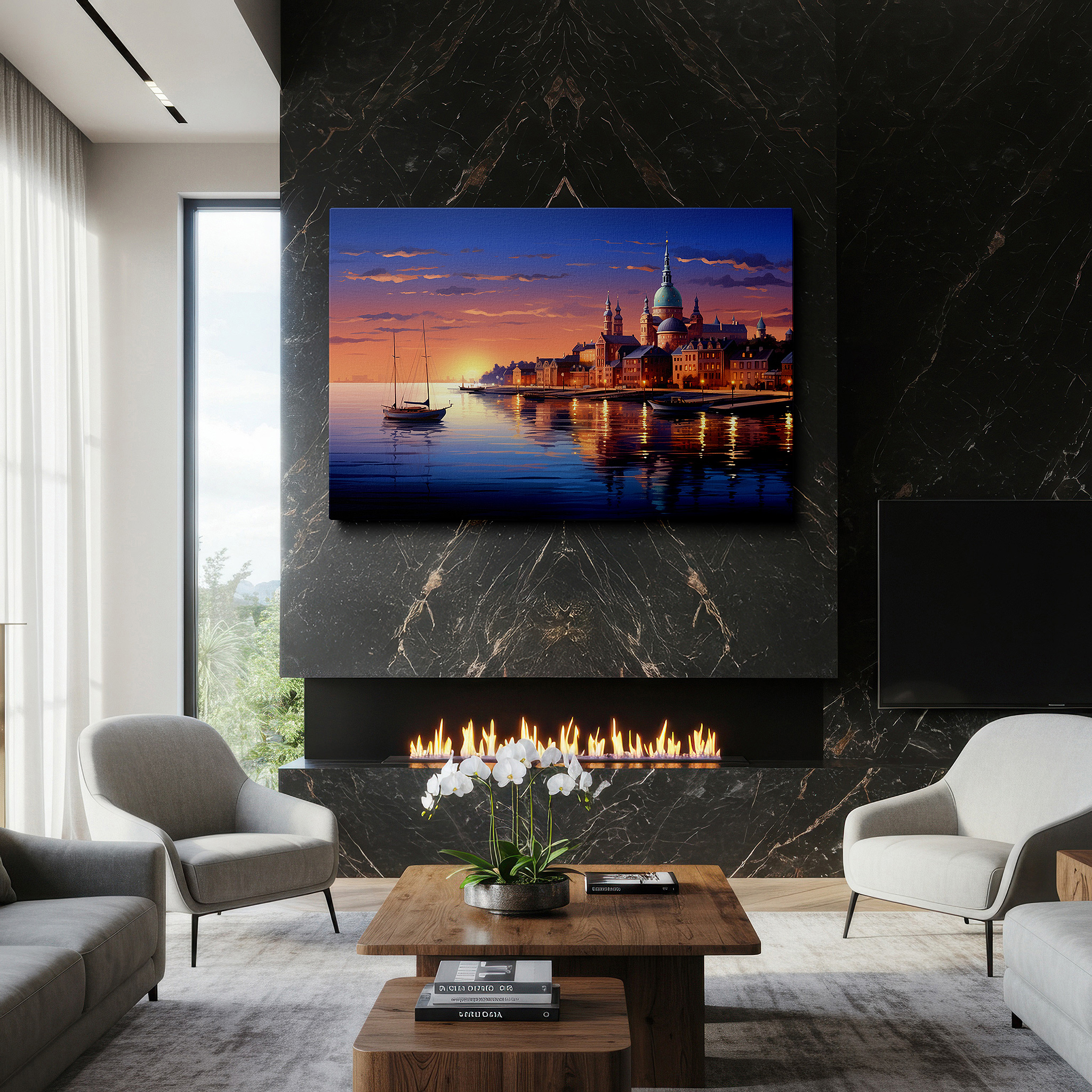 Displayed above a contemporary leather sofa in warm light — sunset embrace over tranquil waters and historic shores: large canvas wall art for office, bedroom, and living room decor