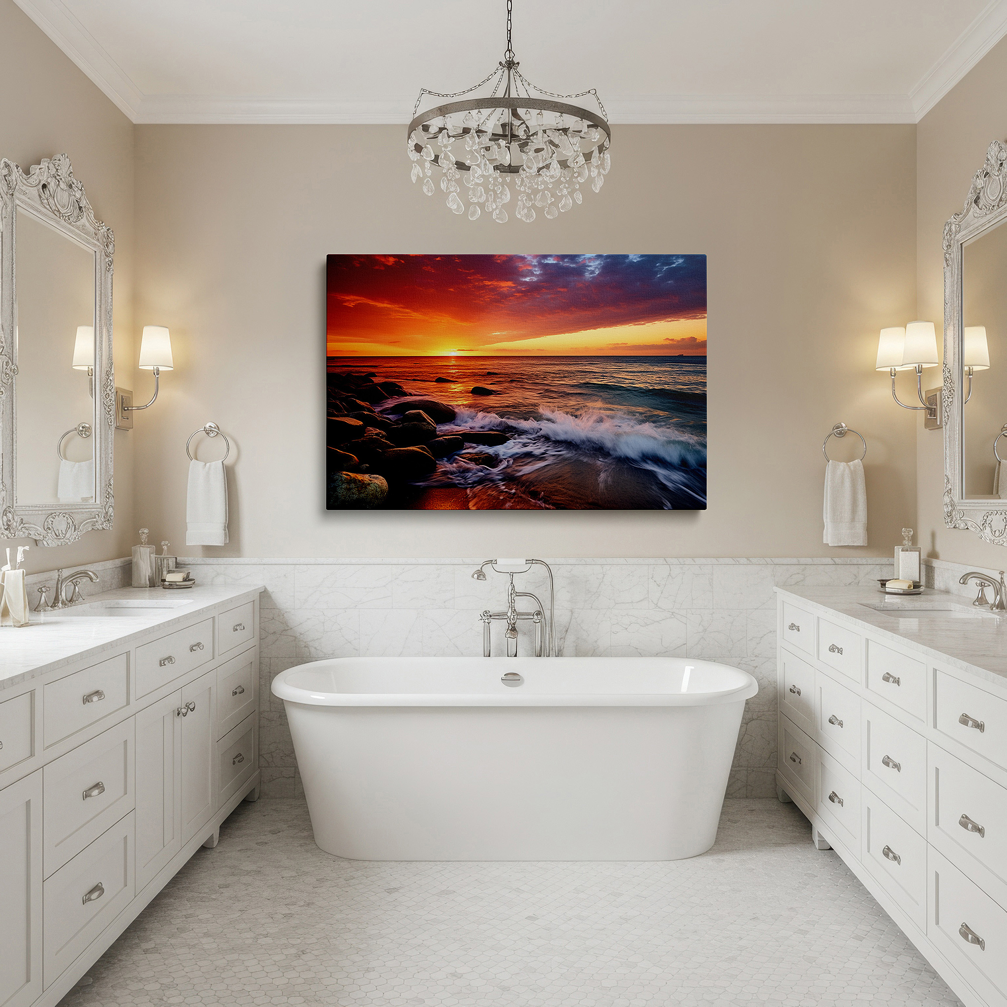 Displayed above a contemporary leather sofa in warm light — sunset serenade over tranquil seas, large canvas wall art by sandy shores with rocky accents, ideal for office and bedroom decor
