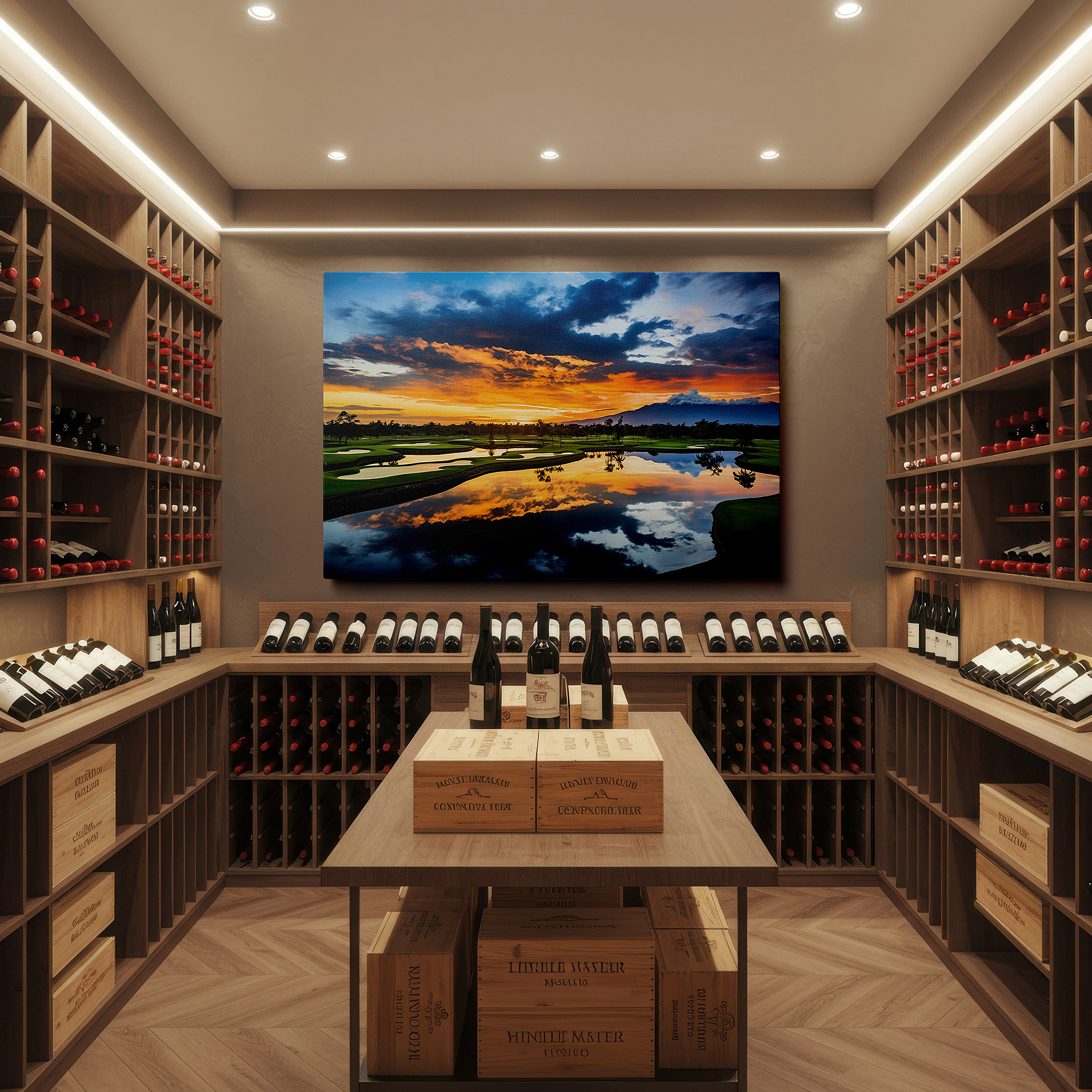 Displayed above a contemporary leather sofa in warm light — sunset serenity on the golf course - tranquil landscape masterpiece, large canvas wall art for office and bedroom decor