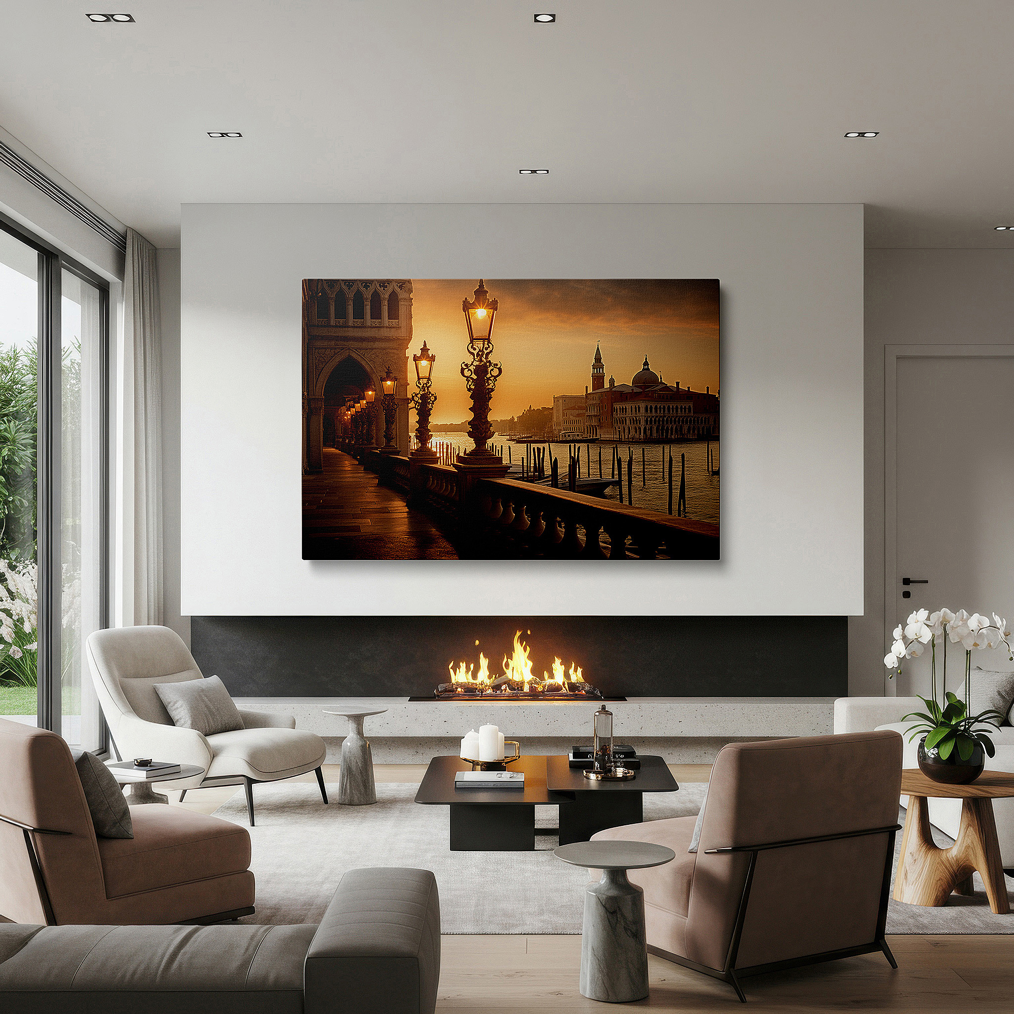 Displayed above a contemporary leather sofa in warm light — sunset serenity at the waterfront wall art: experience tranquility with a blend of light, shadows, and historical charm - perfect for home or office decor
