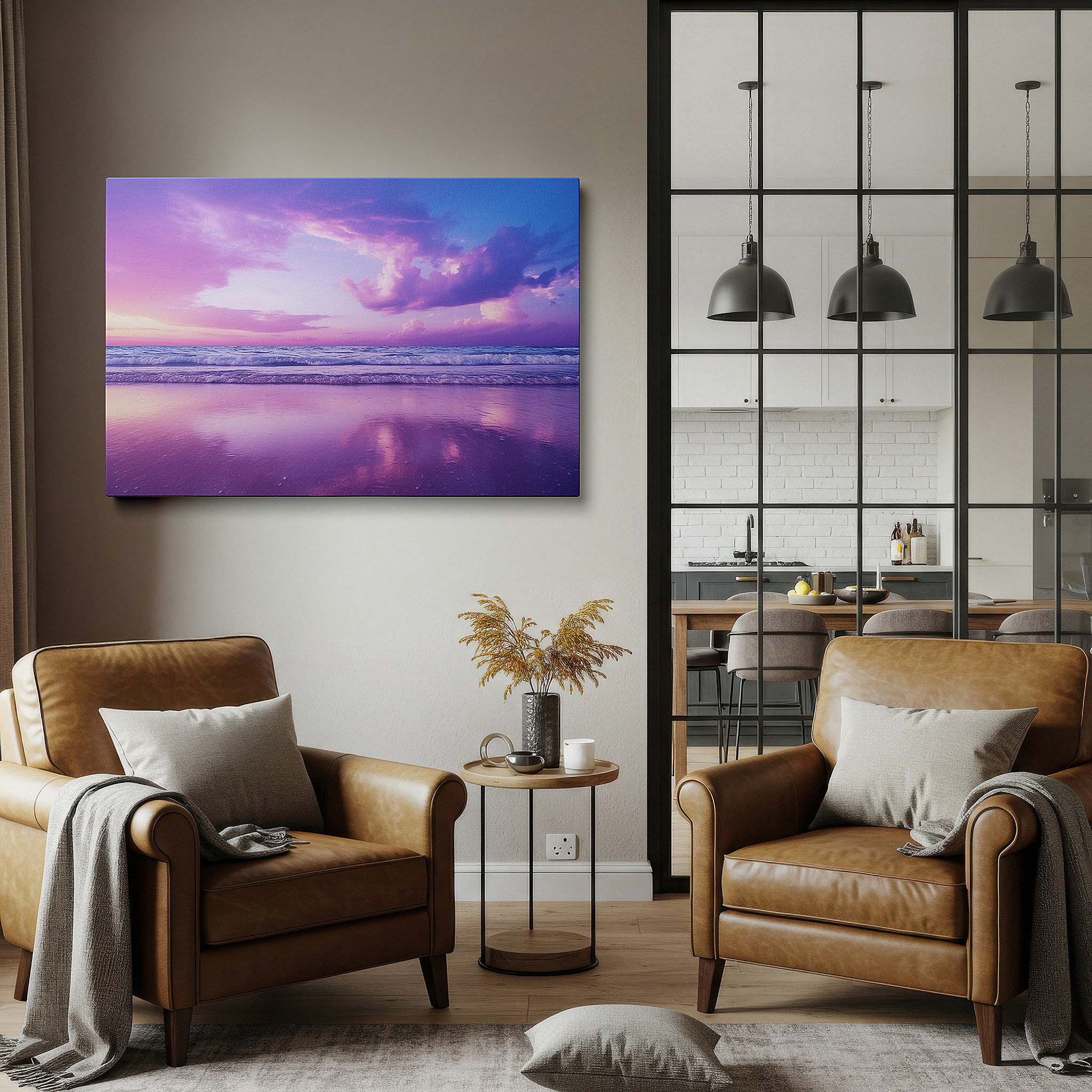 Displayed above a contemporary leather sofa in warm light — sunset symphony in pink and purple: tranquil ocean reflections large wall art, canvas decor for office and bedroom