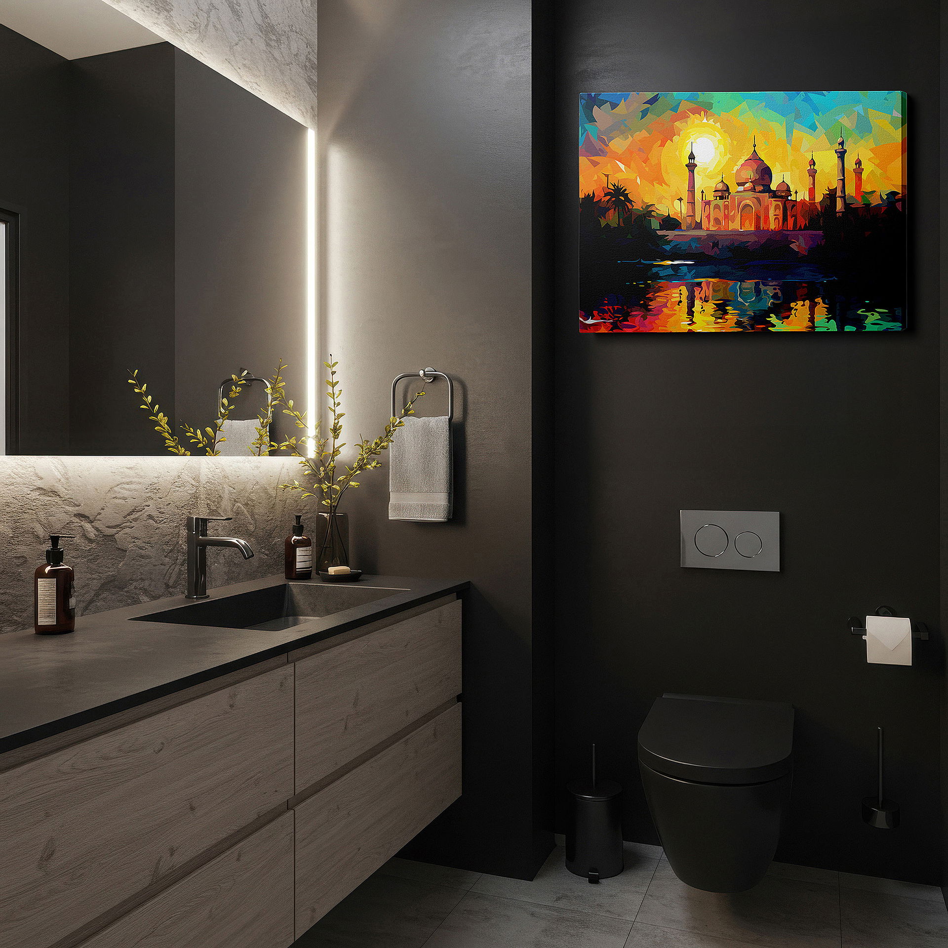 Displayed above a contemporary leather sofa in warm light — taj mahal radiant sun wall art - contemporary color and light