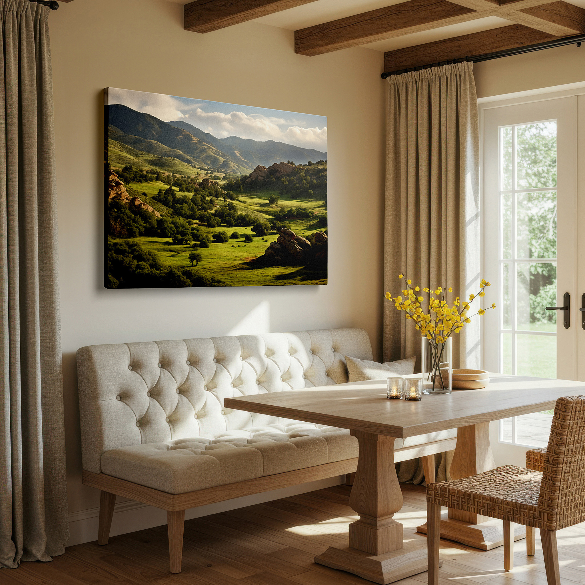 Displayed above a contemporary leather sofa in warm light — tranquil evening embrace: golden rays and verdant valleys with dramatic outcrops - large canvas wall art for office and bedroom decor