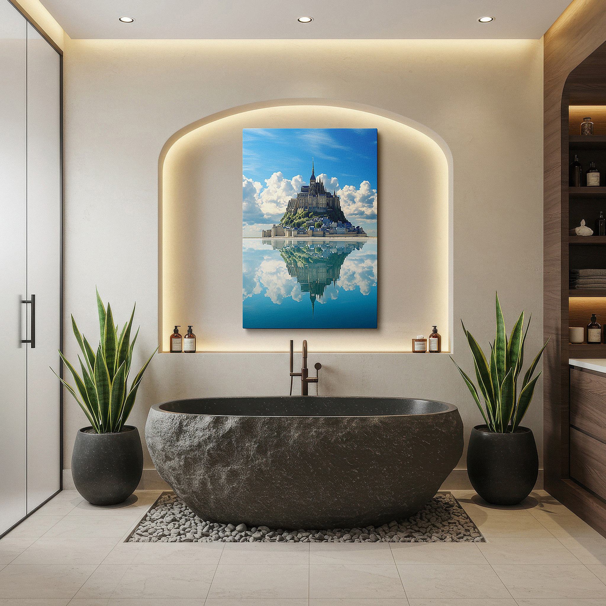 Displayed above a contemporary leather sofa in warm light — tranquil island castle wall art: reflecting architectural majesty in serene waters, large canvas decor