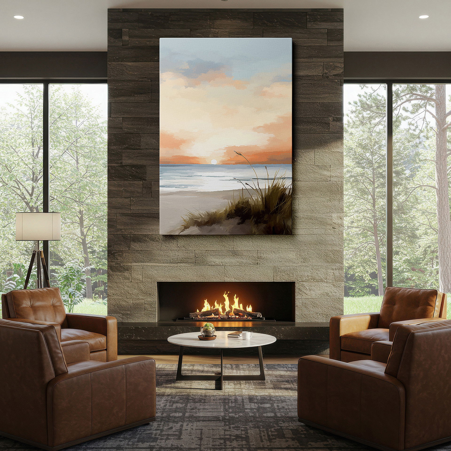 Displayed above a contemporary leather sofa in warm light — tranquil sunset at a secluded beach wall art: vibrant colors for a serene escape - large canvas art for home and office decor