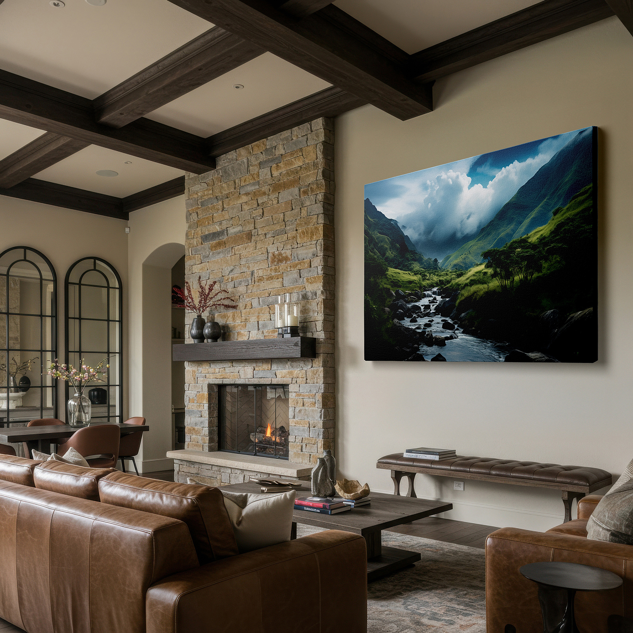 Displayed above a contemporary leather sofa in warm light — tranquil valley and majestic mountains with vibrant river flow large wall art, canvas wall art, wall decor for office, bedroom, and living room