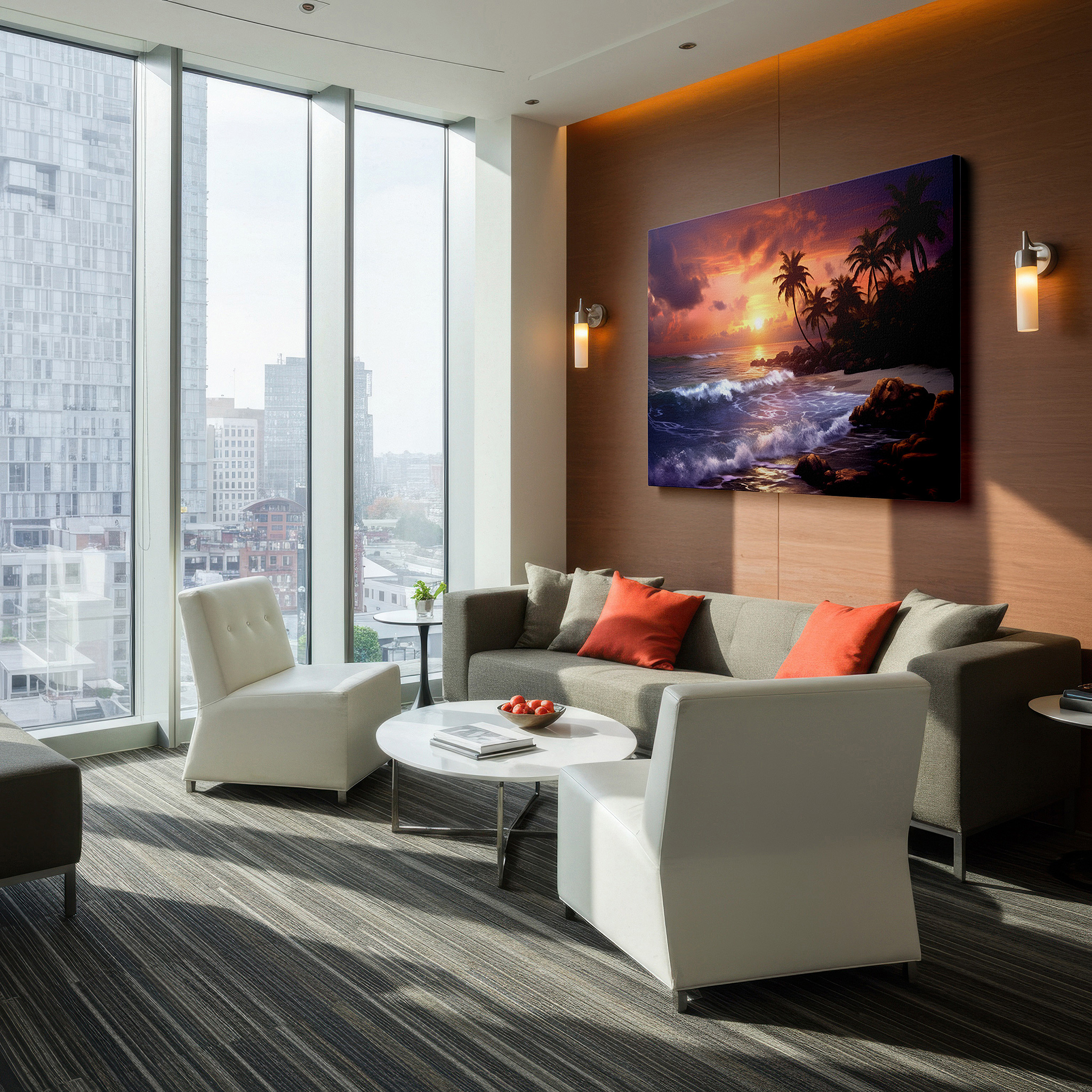 Displayed above a contemporary leather sofa in warm light — tropical beach sunset serenity large wall art featuring vibrant oranges and calming purples, perfect for office or bedroom decor
