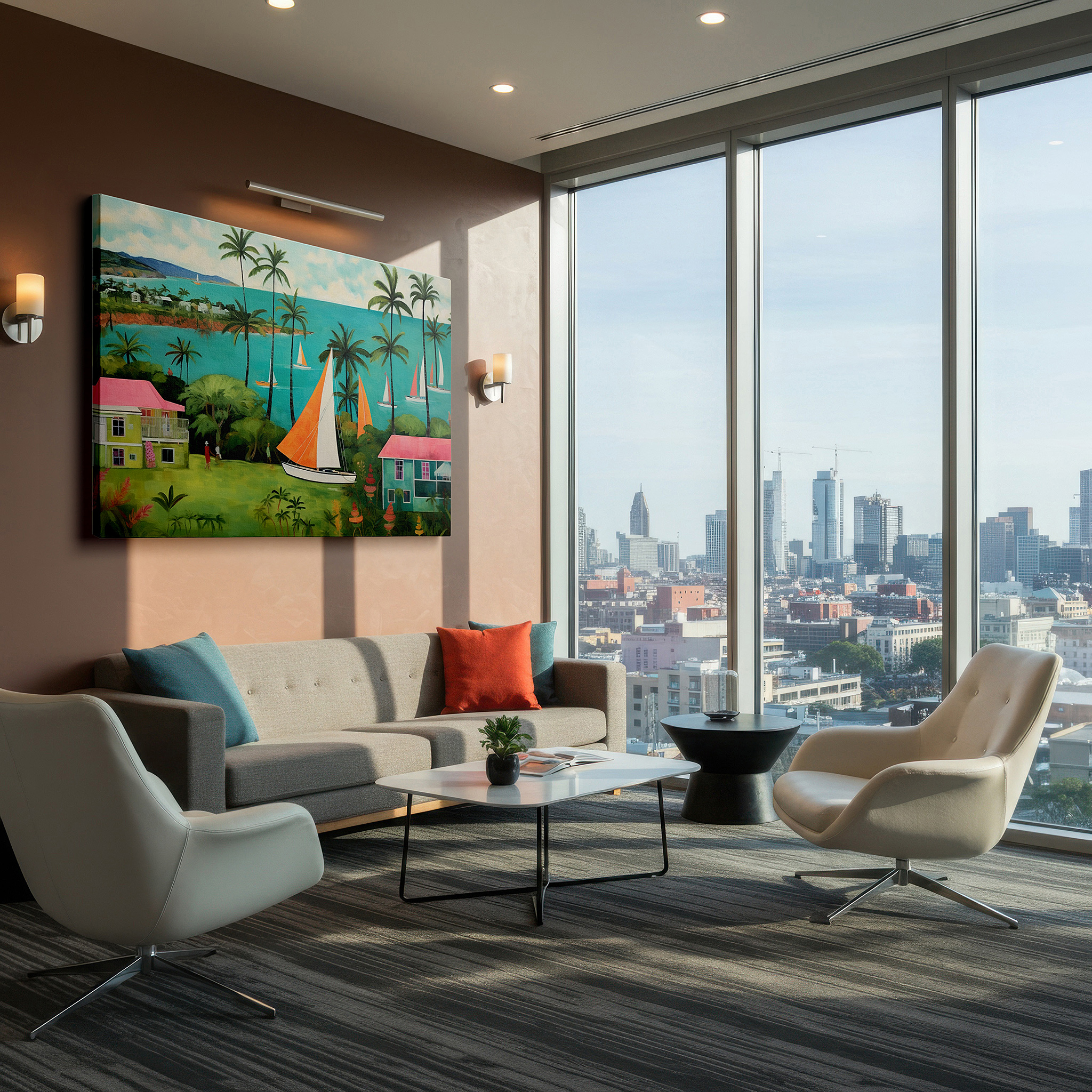 Displayed above a contemporary leather sofa in warm light — tropical paradise scene with vibrant sailboats and lush palms, serene seascape large canvas wall art for office and bedroom decor