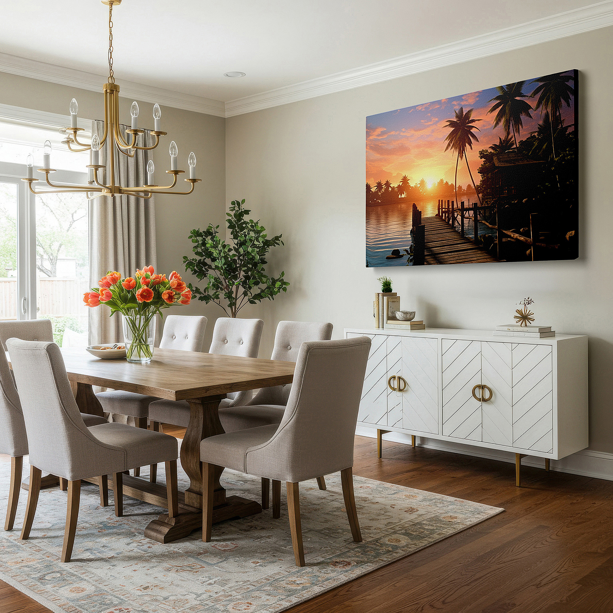 Displayed above a contemporary leather sofa in warm light — tropical sunset paradise with rustic dock and reflective waters - large canvas wall art for office, bedroom, and living room decor
