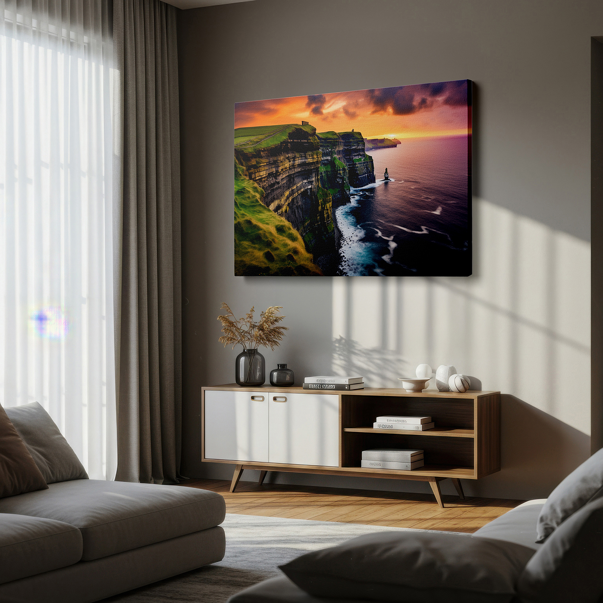 Displayed above a contemporary leather sofa in warm light — twilight majesty: cliffs overlooking the serene ocean - large canvas wall art for office, bedroom, and living room decor