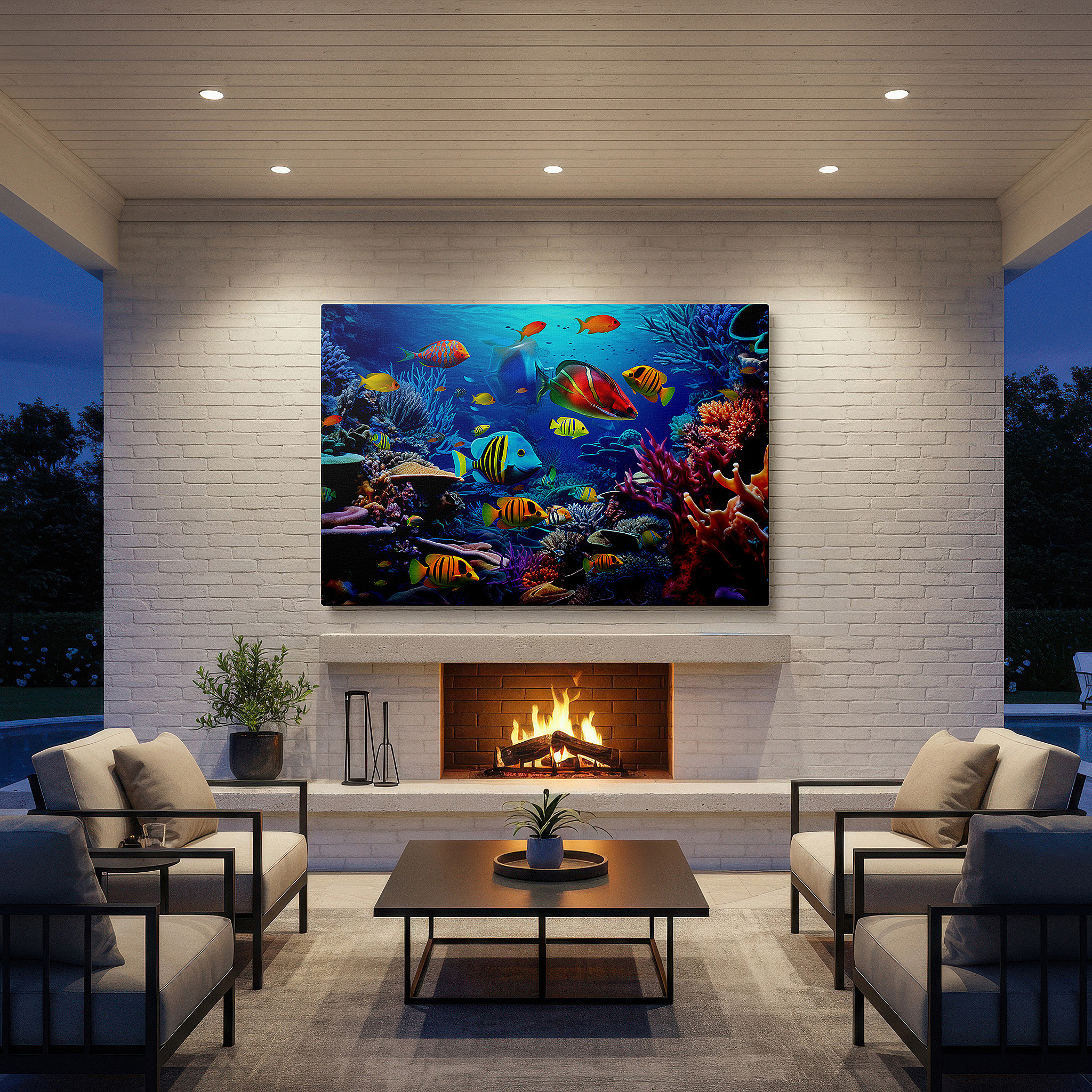 Displayed above a contemporary leather sofa in warm light — underwater majesty: clownfish and vibrant coral reefs wall art - large canvas for home and office decor, perfect for living rooms and bedrooms
