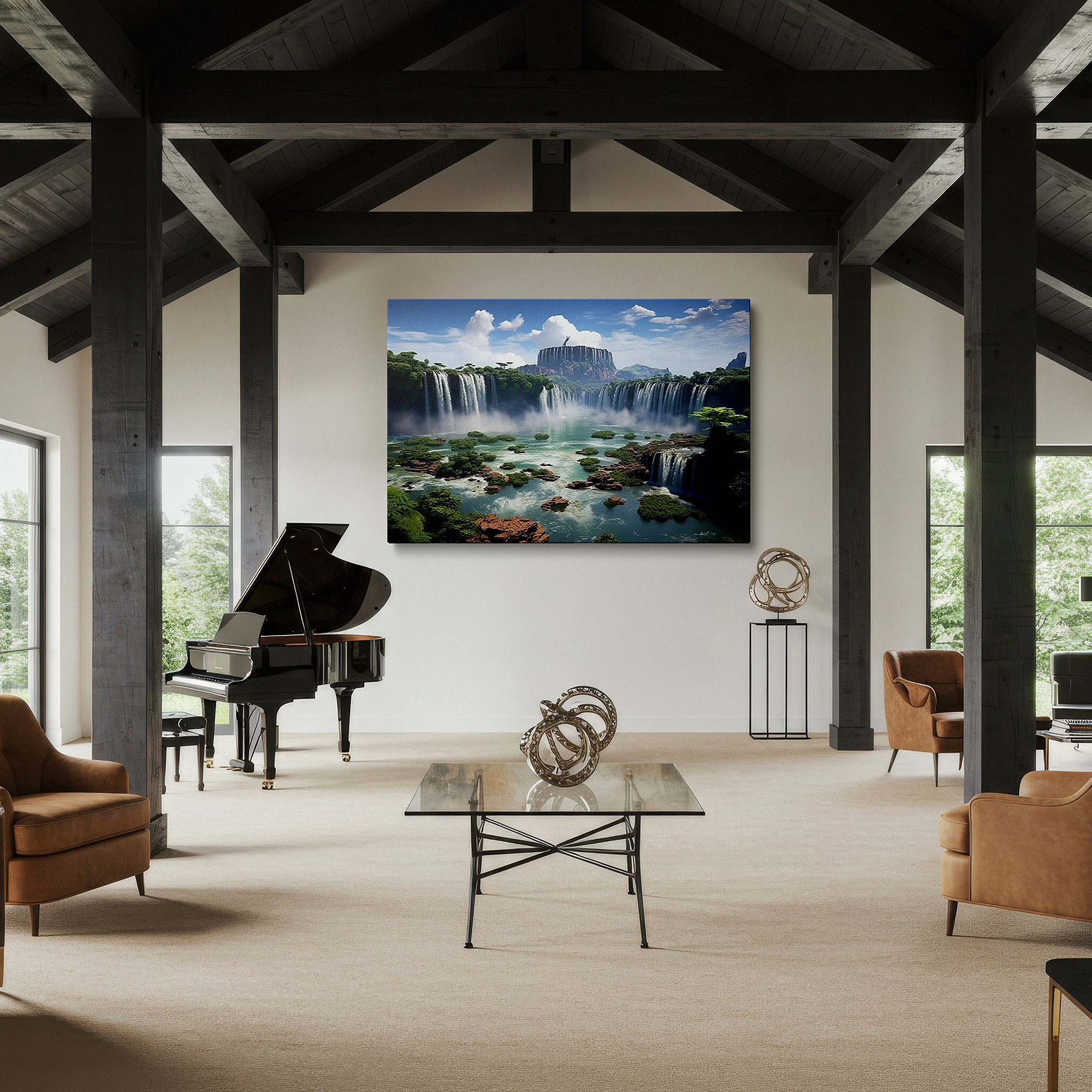 Displayed above a contemporary leather sofa in warm light — verdant cliffs with cascading waterfalls and tranquil oasis large wall art, canvas wall art, wall decor for office and bedroom