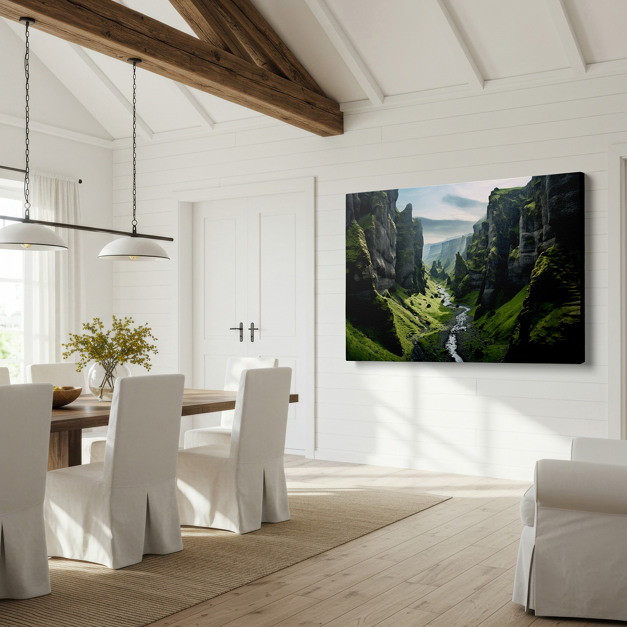 Displayed above a contemporary leather sofa in warm light — verdant valley and serene river - a peaceful blend of nature's pristine beauty large wall art, canvas wall art, wall decor, office wall art