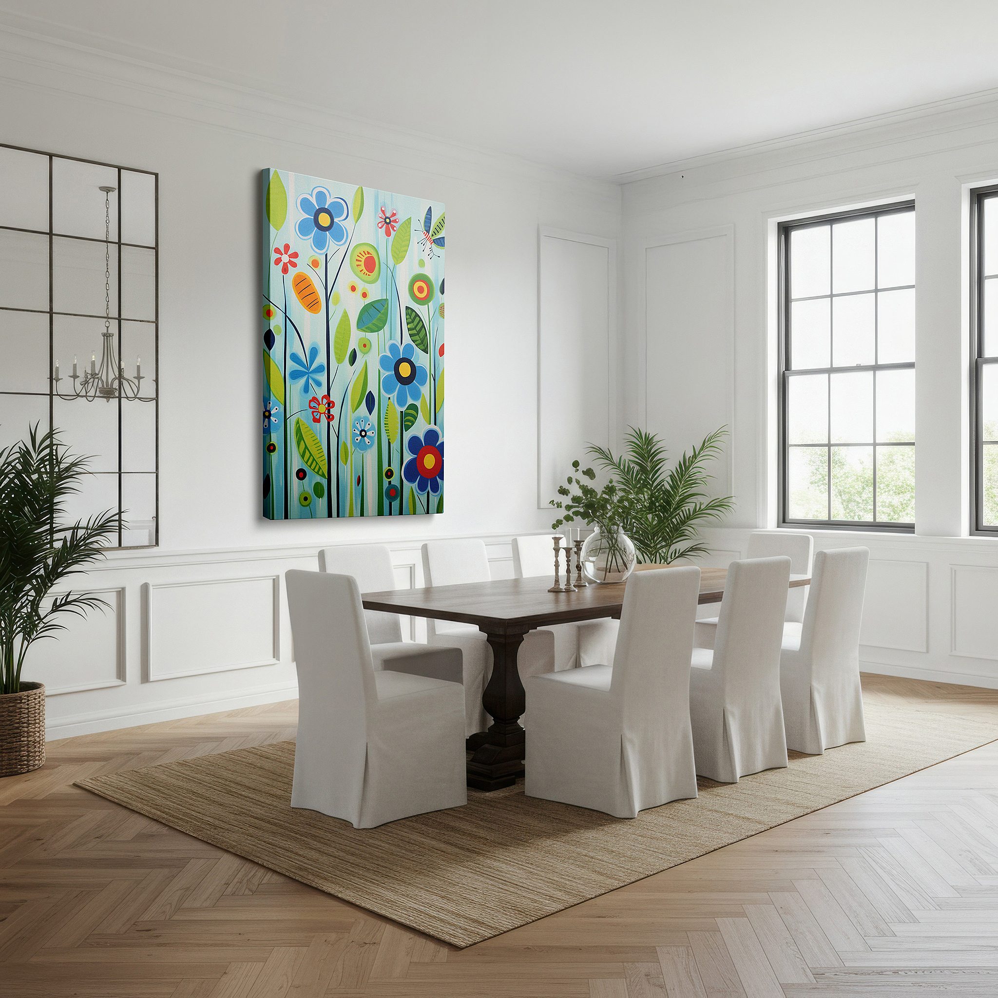 Displayed above a contemporary leather sofa in warm light — vibrant celebration of nature: bright flowers and playful butterflies on a serene blue background - large canvas wall art