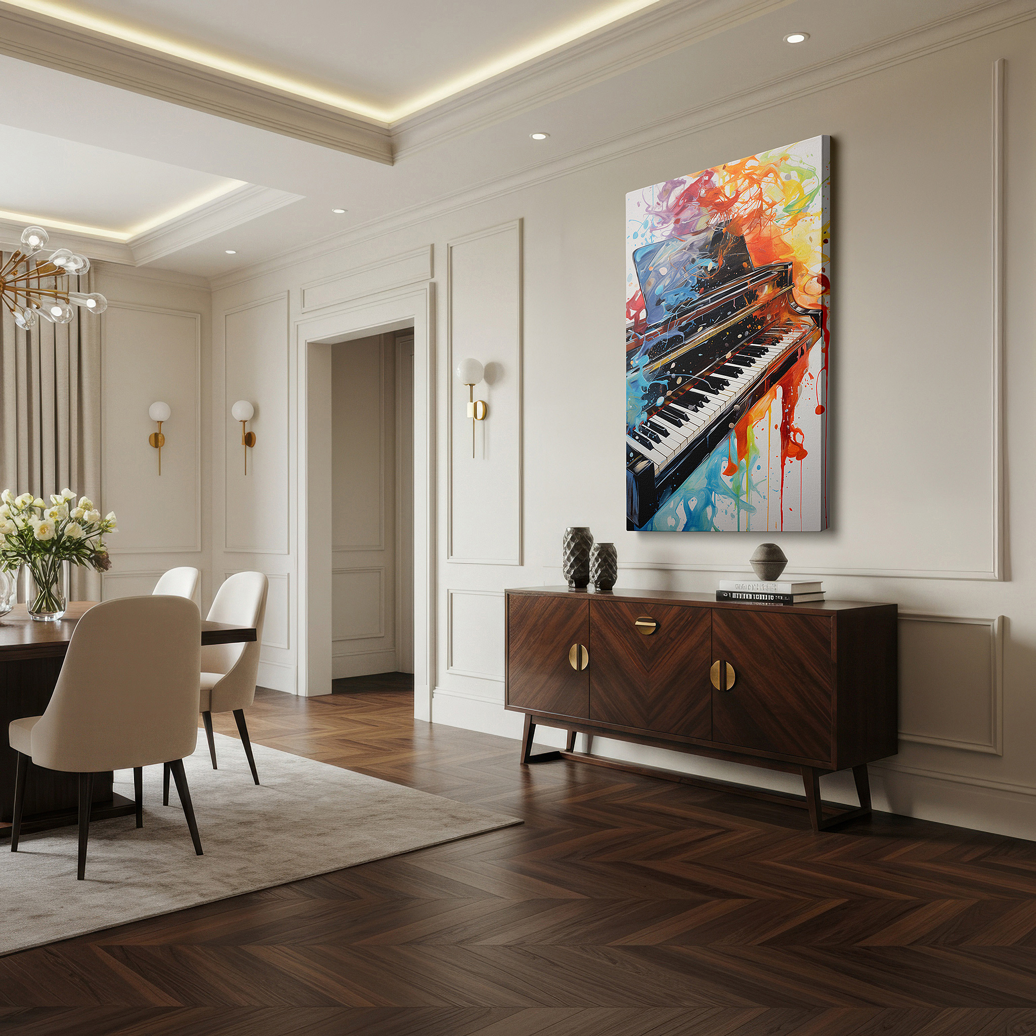 Displayed above a contemporary leather sofa in warm light — vibrant and dynamic grand piano abstract symphony large canvas wall art for office and bedroom decor