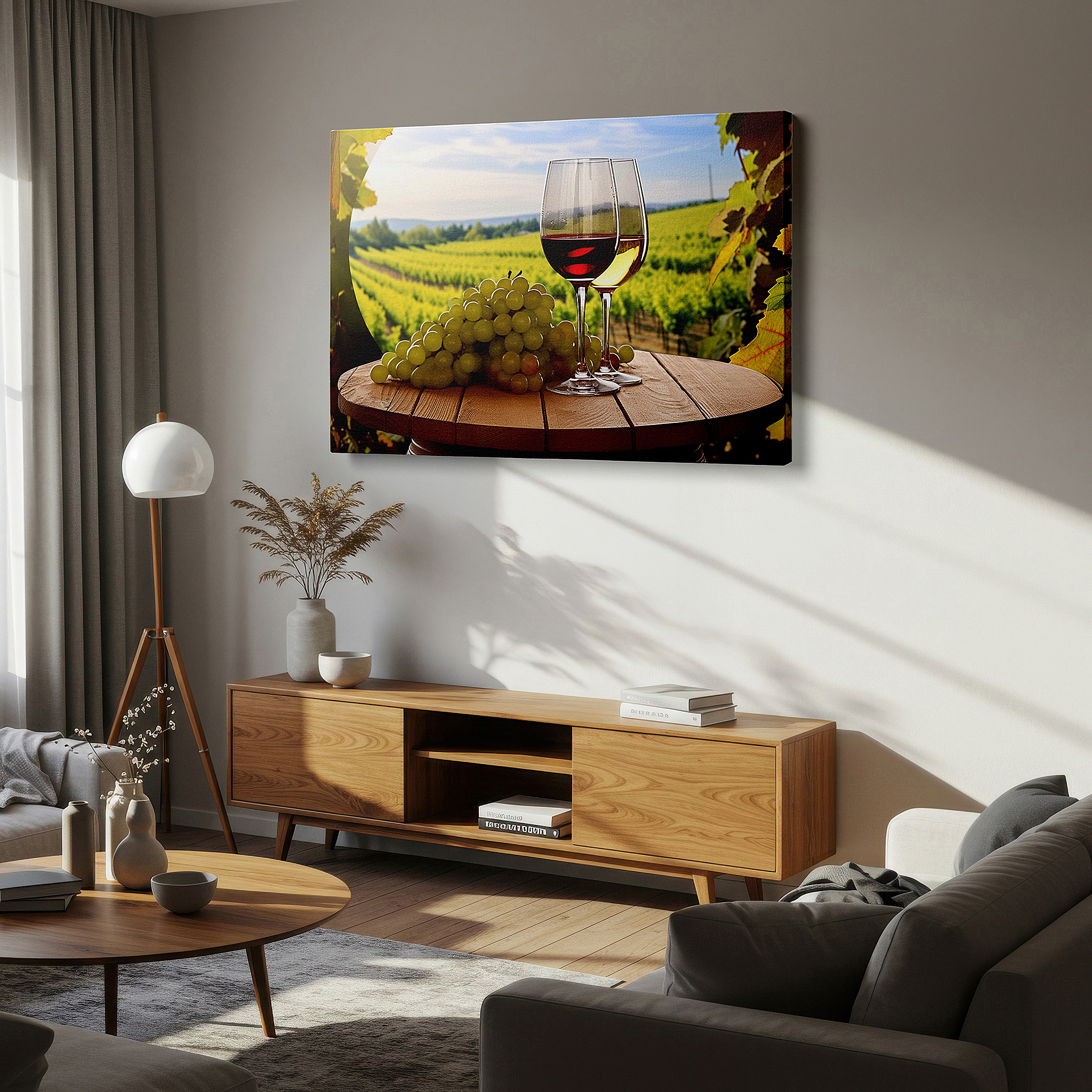 Displayed above a contemporary leather sofa in warm light — vineyard serenity wall art: celebrate winemaking with this sunlit retreat-themed large canvas, perfect for office or bedroom decor.