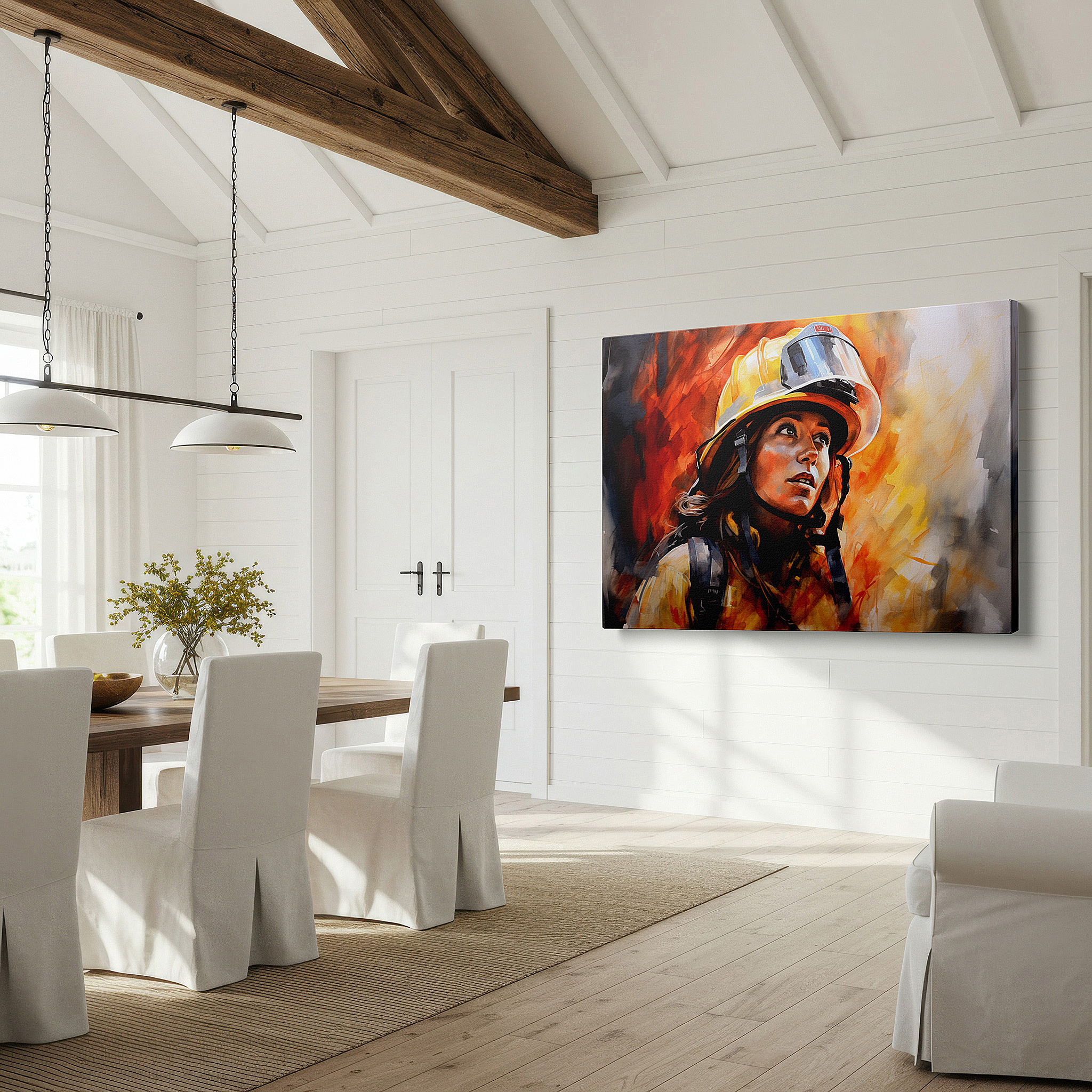 Displayed above a contemporary leather sofa in warm light — wall art: "beacon of courage" - female firefighter amidst flames, large canvas wall art for office, bedroom, and living room decor