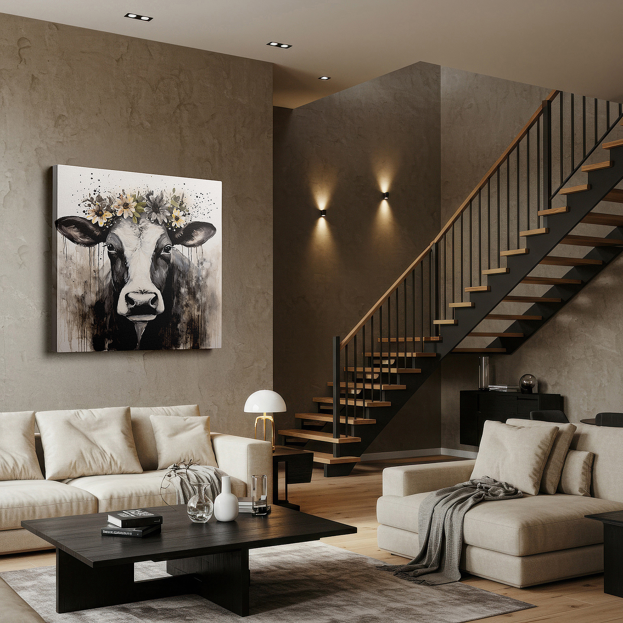 Displayed above a contemporary leather sofa in warm light — wall art: black and white cow with floral crown - a serene and playful masterpiece for large spaces, canvas wall art for office and bedroom decor