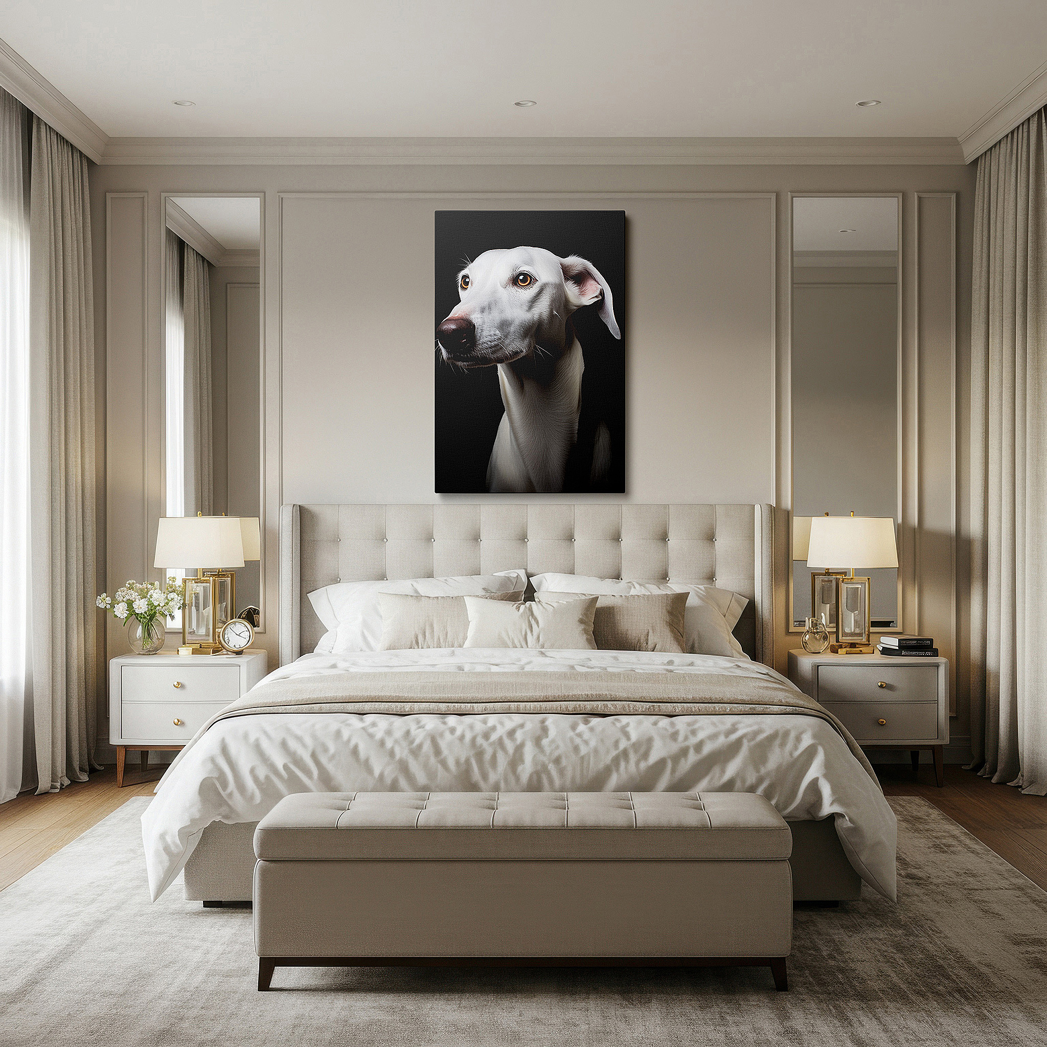 Displayed above a contemporary leather sofa in warm light — wall art: captivating white dog with a soulful gaze against a dark, serene backdrop - large canvas wall art for office, bedroom, and living room decor