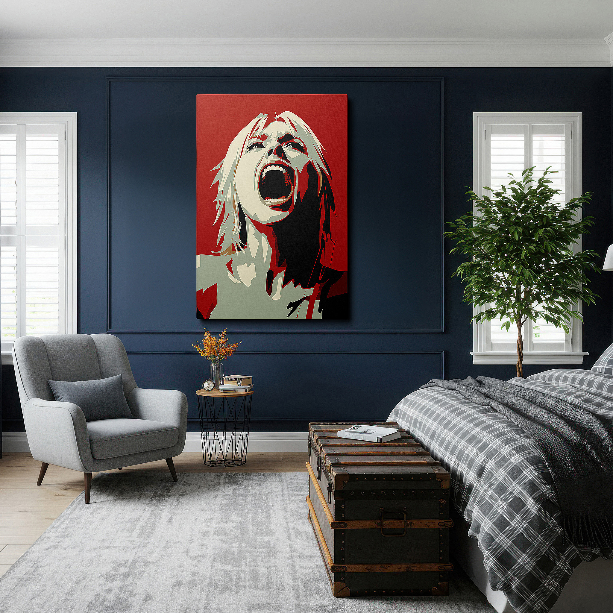 Displayed above a contemporary leather sofa in warm light — wall art: "emotional release in red" - a vivid expression of passion and pain. large canvas wall art for office and bedroom decor.