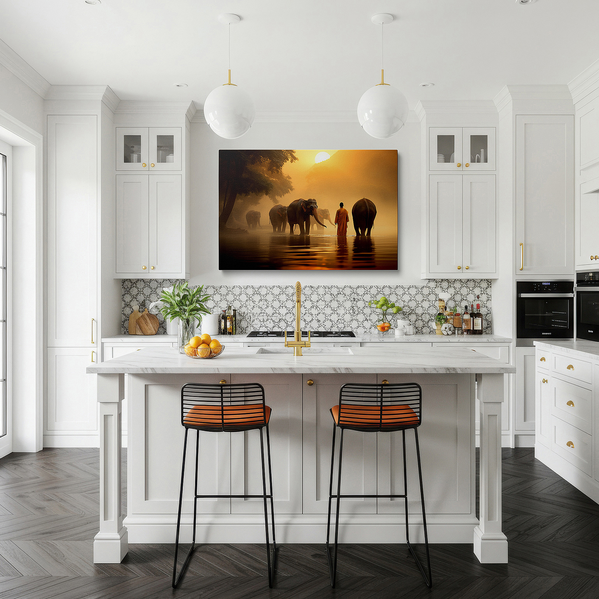 Displayed above a contemporary leather sofa in warm light — wall art: experience harmony and spirituality with this misty sunrise scene featuring monks and elephants. perfect for office, bedroom, or living room decor. available as large canvas wall art.