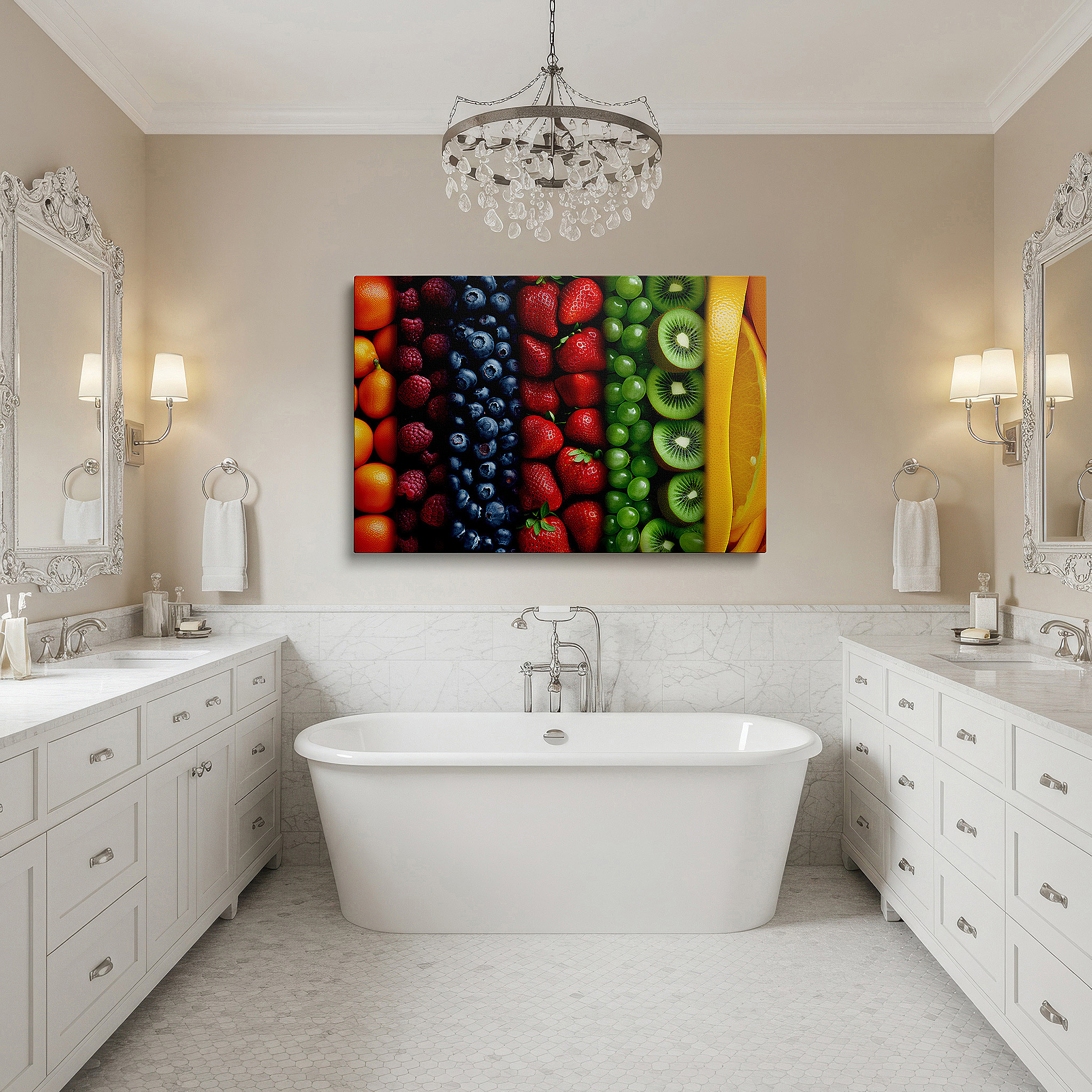 Displayed above a contemporary leather sofa in warm light — wall art: a lush display of nature's abundance in berries and fruits - large canvas wall art for office, bedroom, and living room decor