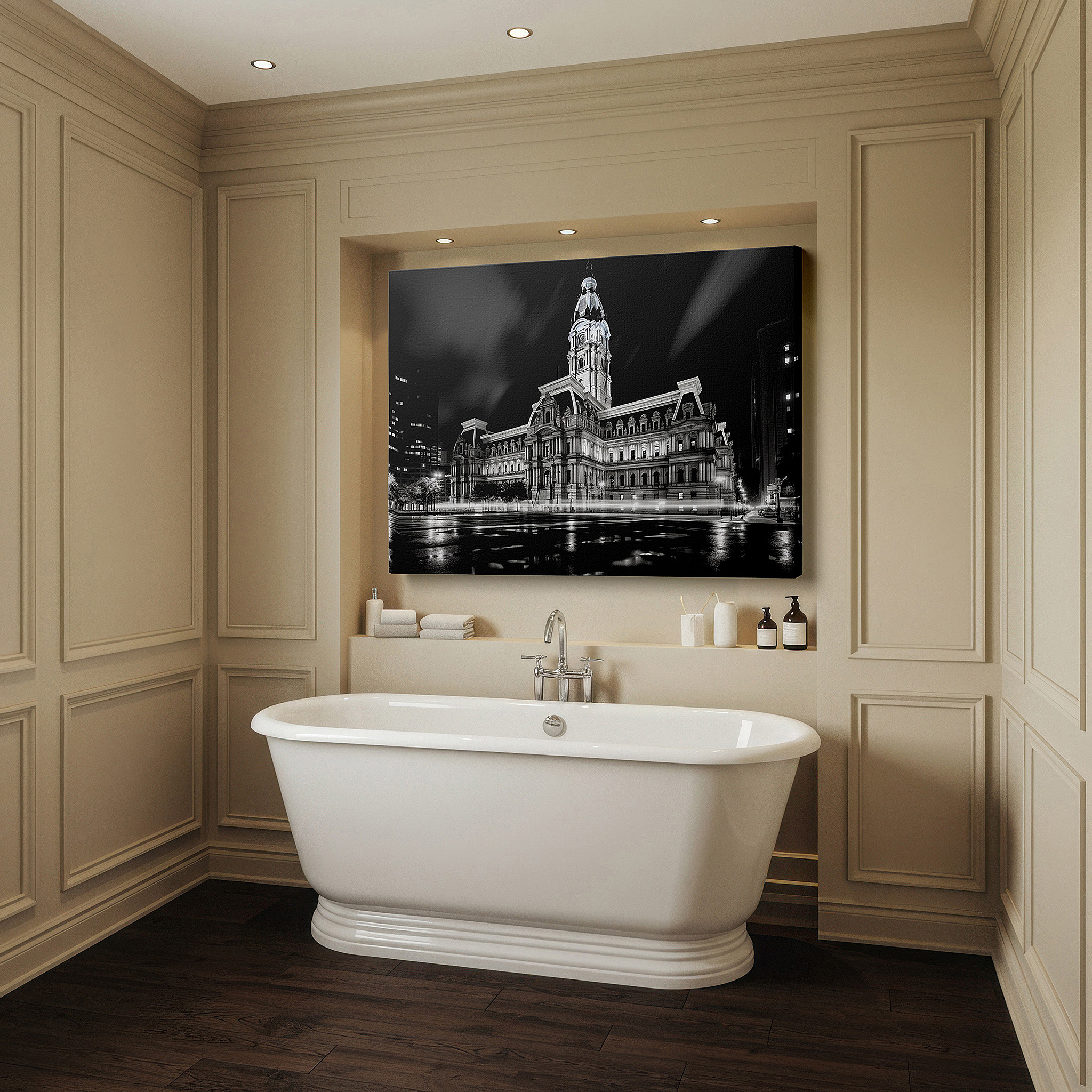 Displayed above a contemporary leather sofa in warm light — wall art: majestic city hall at night - monochrome symphony of light and shadow. large canvas wall art for office and bedroom decor.