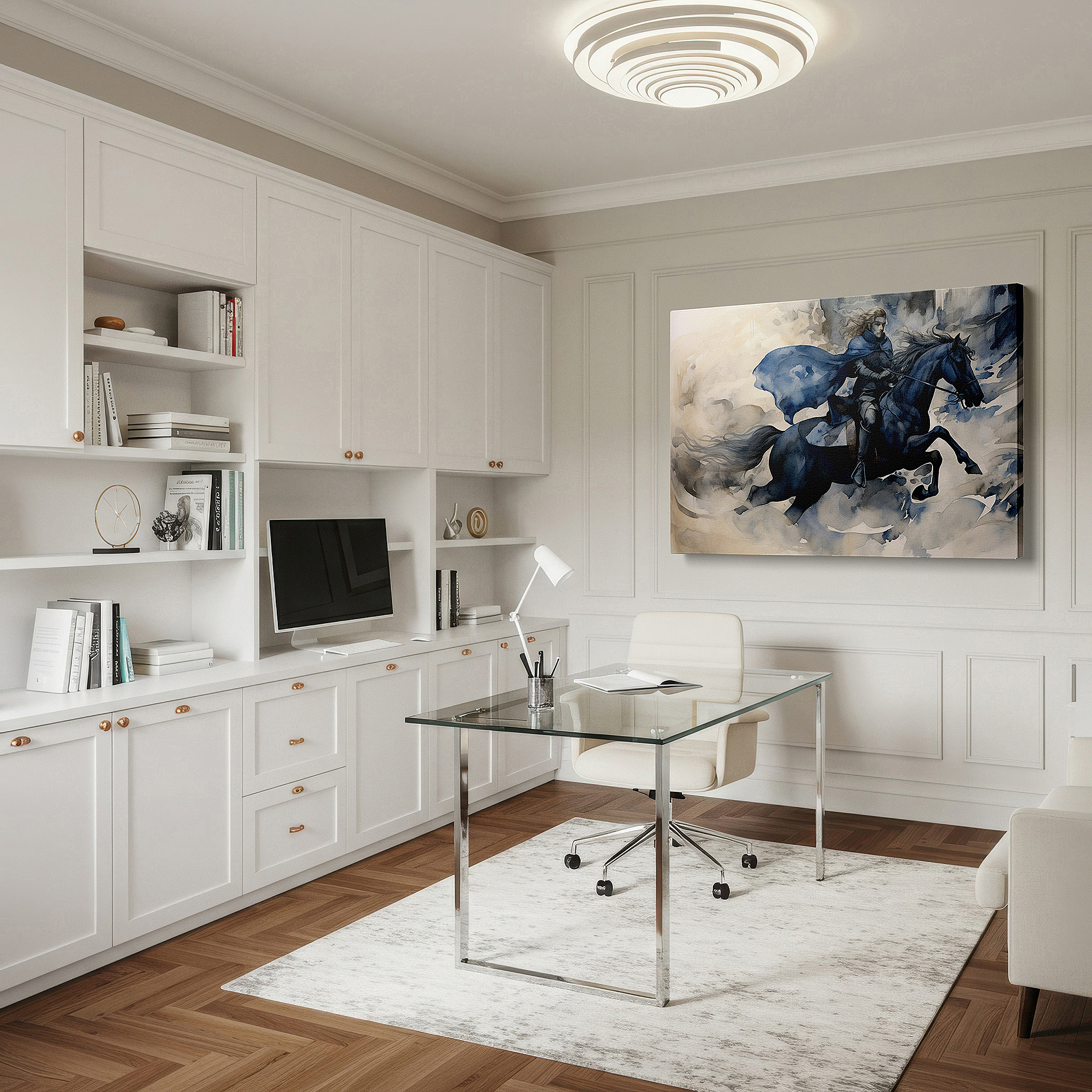 Displayed above a contemporary leather sofa in warm light — wall art: majestic hero on horse amidst ethereal clouds - emblem of freedom and adventure. large canvas wall art for office decor.