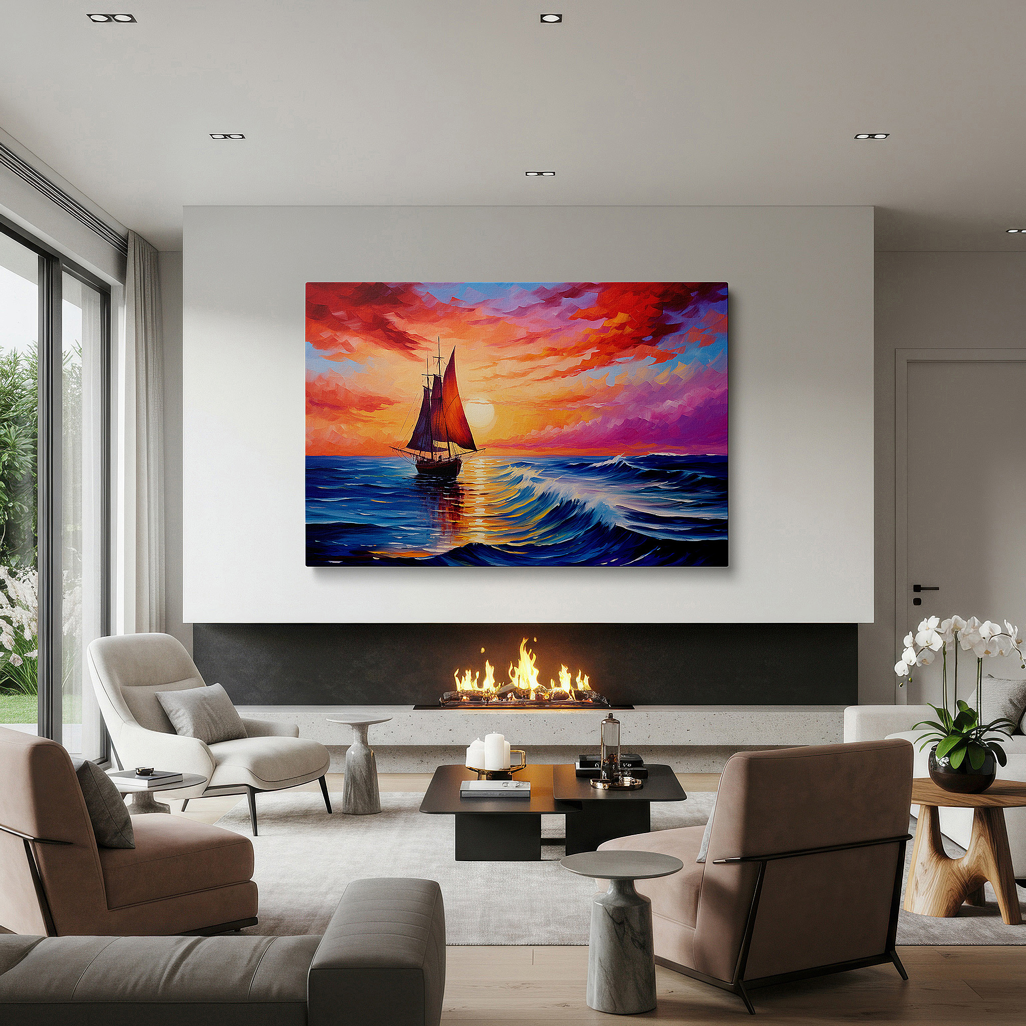 Displayed above a contemporary leather sofa in warm light — wall art: majestic ship sailing through stormy seas at sunset - large canvas wall art for office, bedroom, and living room decor