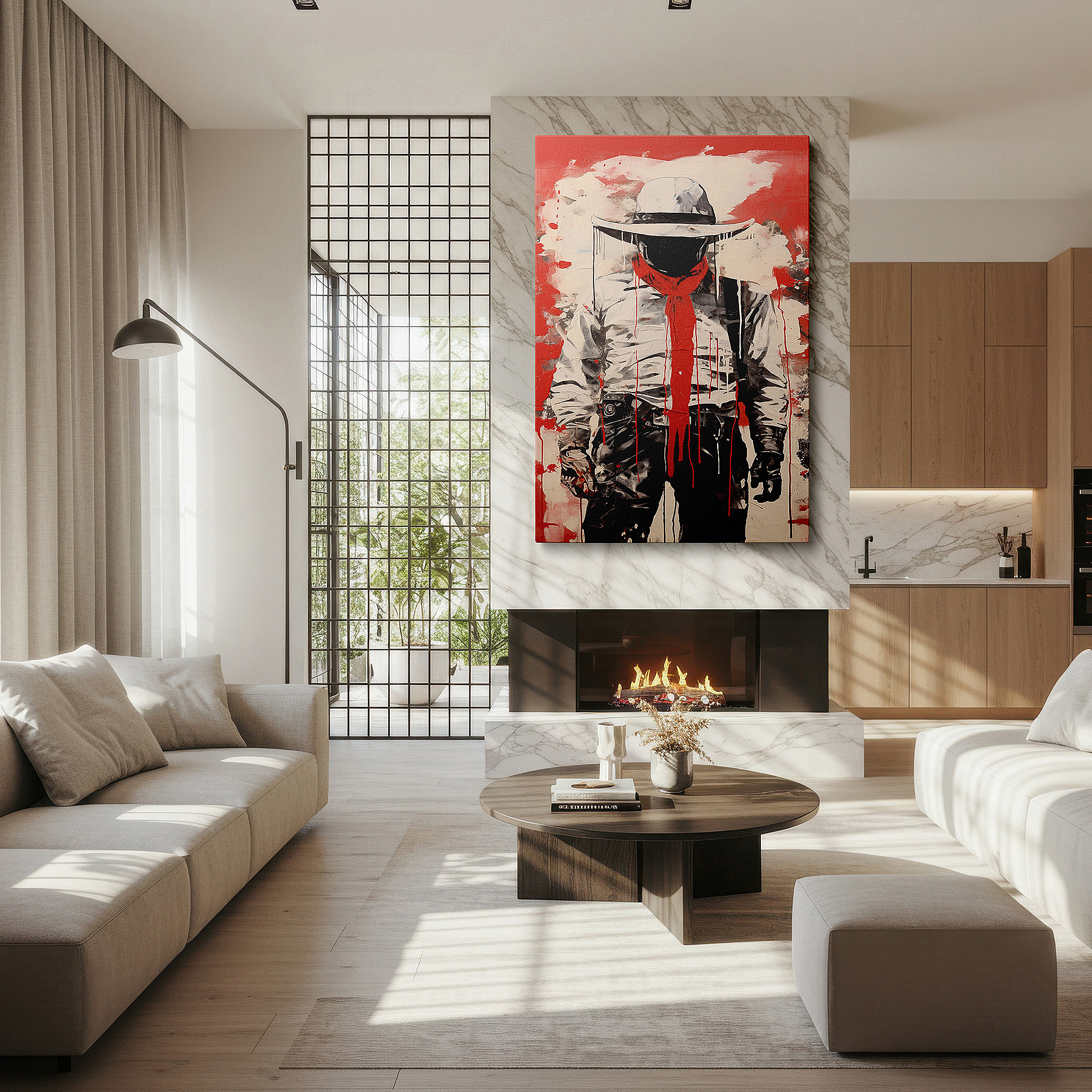 Displayed above a contemporary leather sofa in warm light — wall art: modern cowboy silhouette in red and black - embrace the wild west mystique with this large canvas wall art for home or office decor.