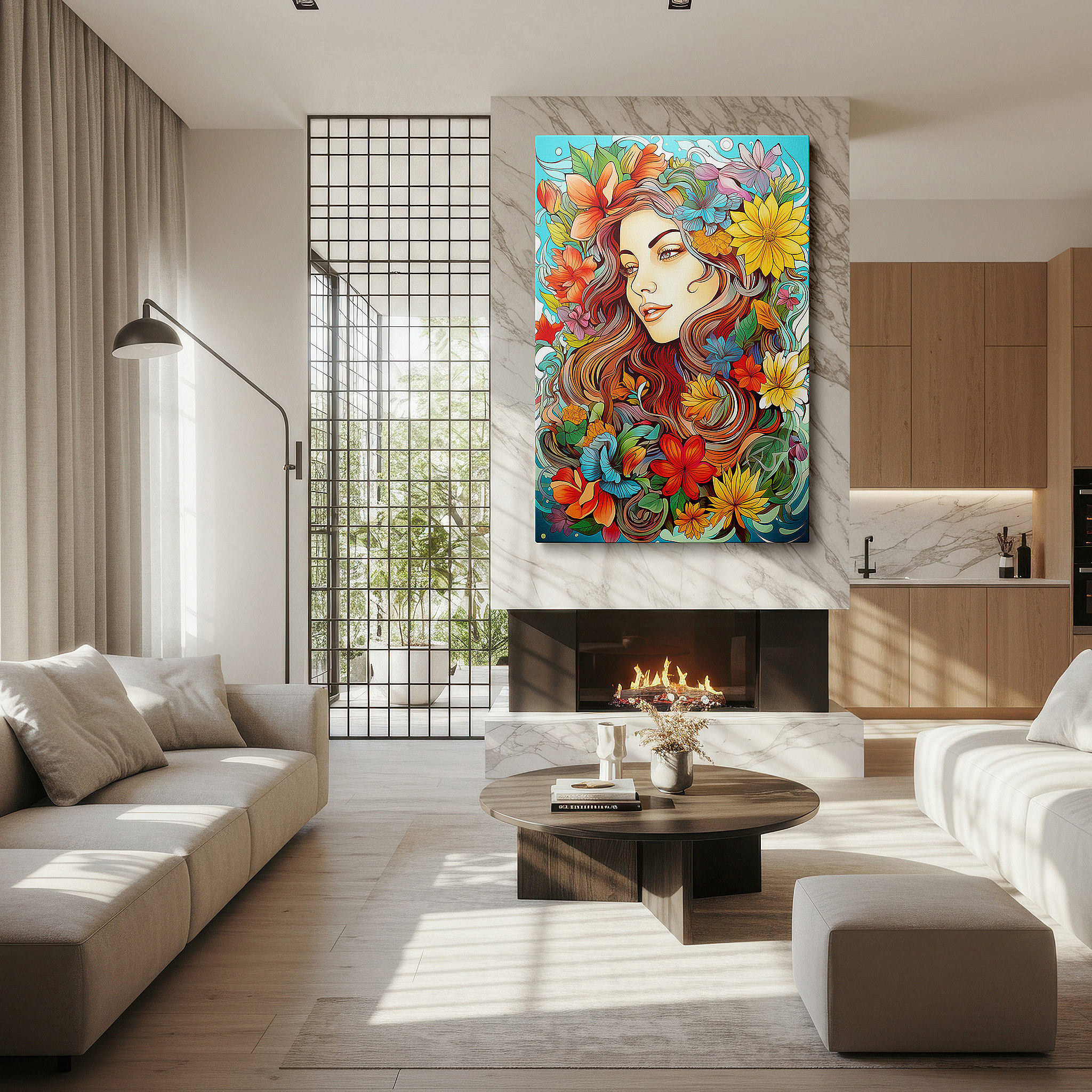 Displayed above a contemporary leather sofa in warm light — wall art: serene woman surrounded by vibrant flowers, a playful blend of natural beauty and feminine elegance, large canvas wall art for home and office decor