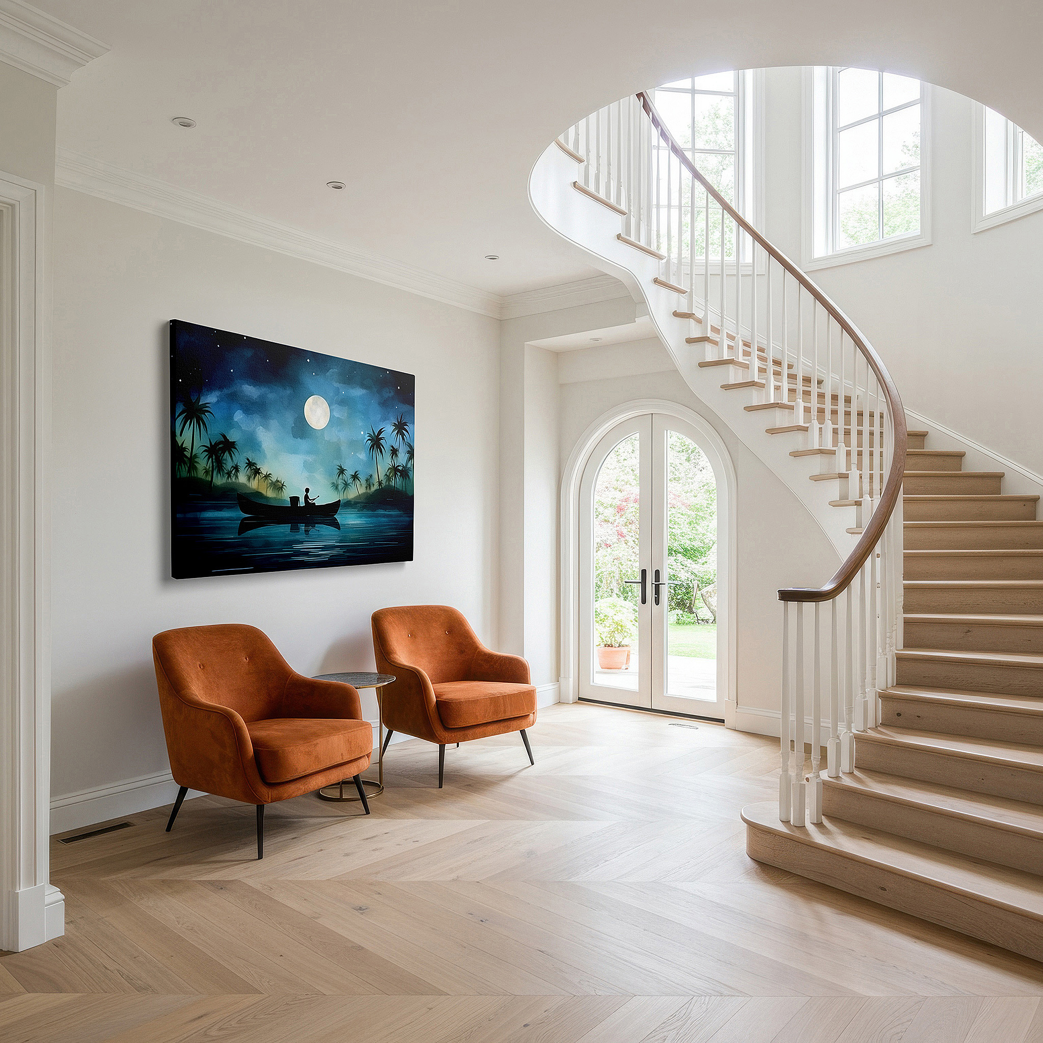 Displayed above a contemporary leather sofa in warm light — wall art: tranquil canoe trip beneath the stars, capturing solitude and awe - large canvas wall art for office and bedroom decor