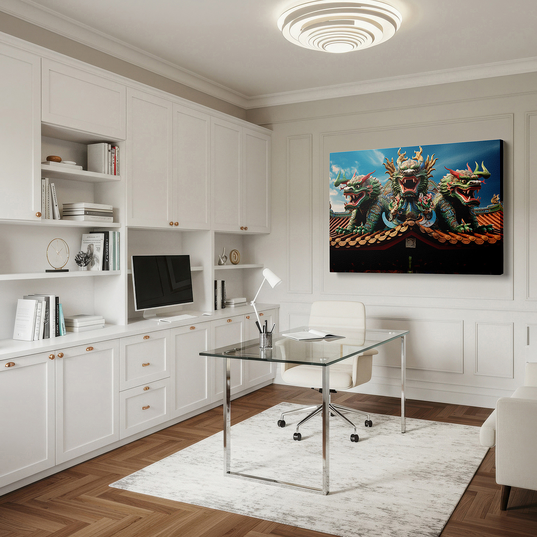 Displayed above a contemporary leather sofa in warm light — wall decor: majestic dragons overseeing the temple roof, a fusion of artistic expression and timeless wisdom - large canvas art for office walls