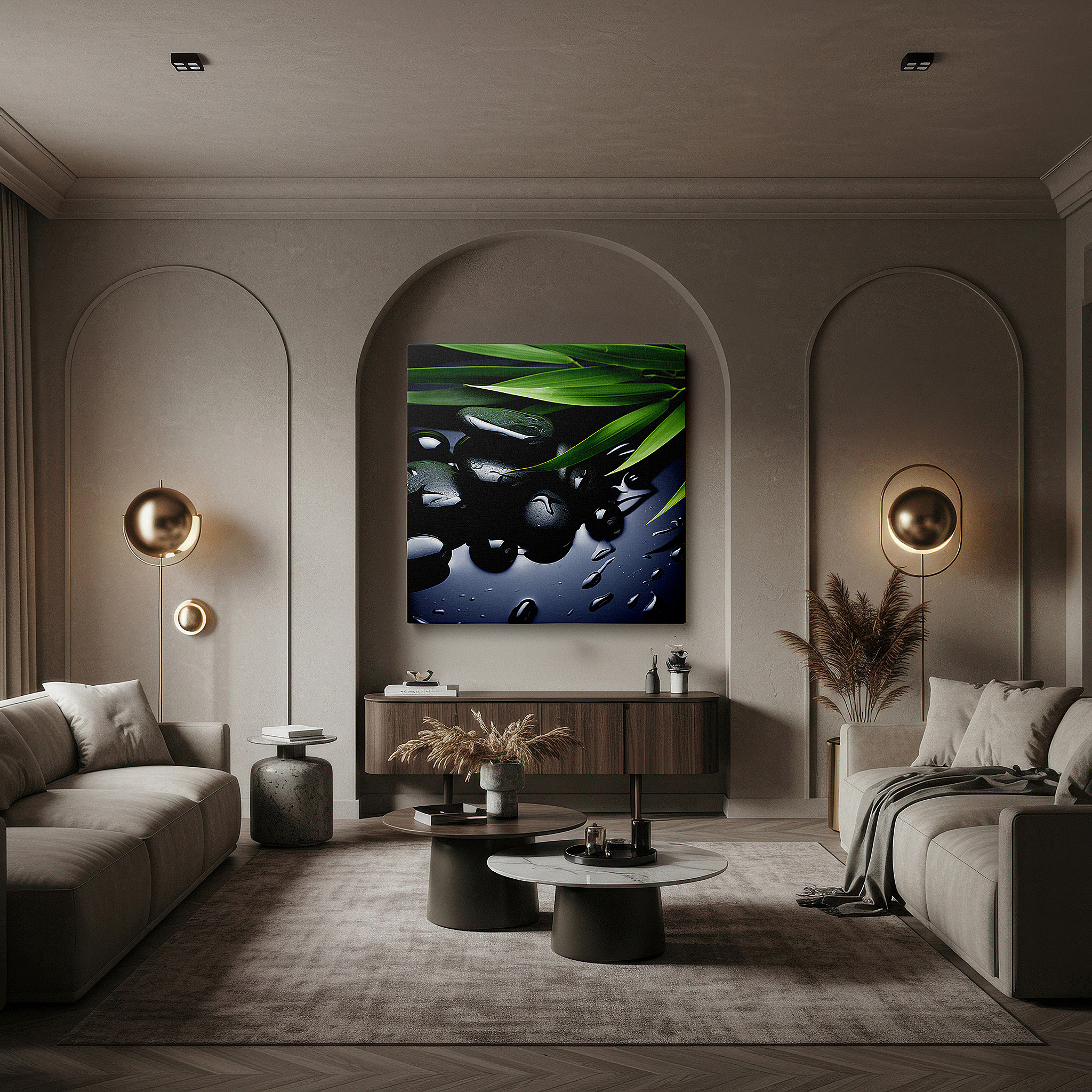 Displayed above a contemporary leather sofa in warm light — wall decor: sleek black stones and lush green leaves with shiny water droplets - tranquil nature scene, large canvas art for home and office