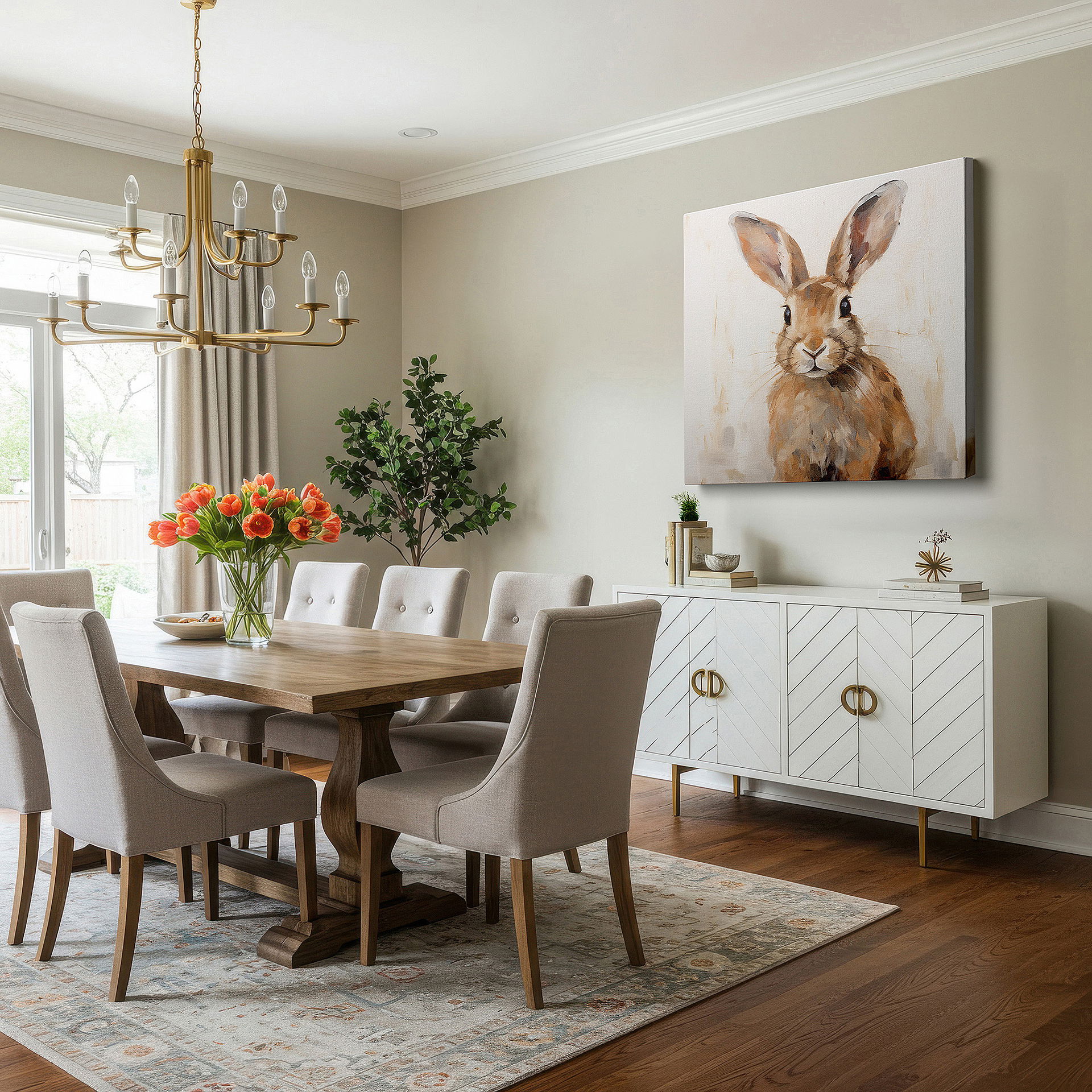 Displayed above a contemporary leather sofa in warm light — wall decor: stunningly detailed rabbit portrait embraces the