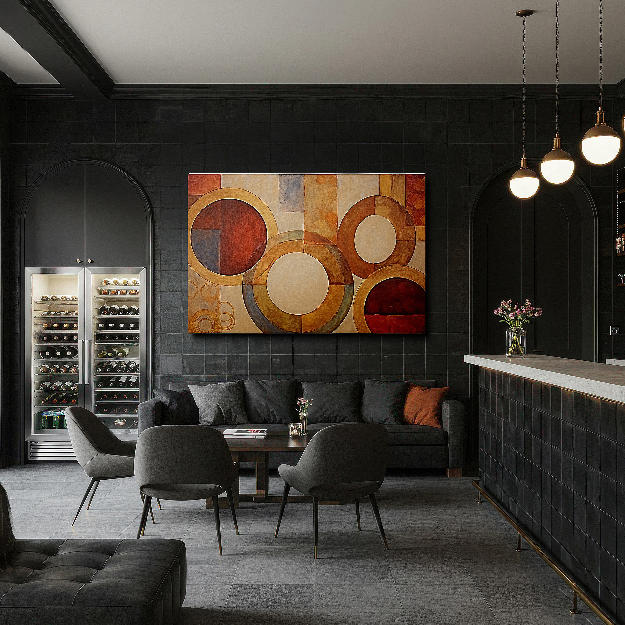 Displayed above a contemporary leather sofa in warm light — warm earthy tones interlocking circles symbolizing unity and continuity, large canvas wall art for office decor