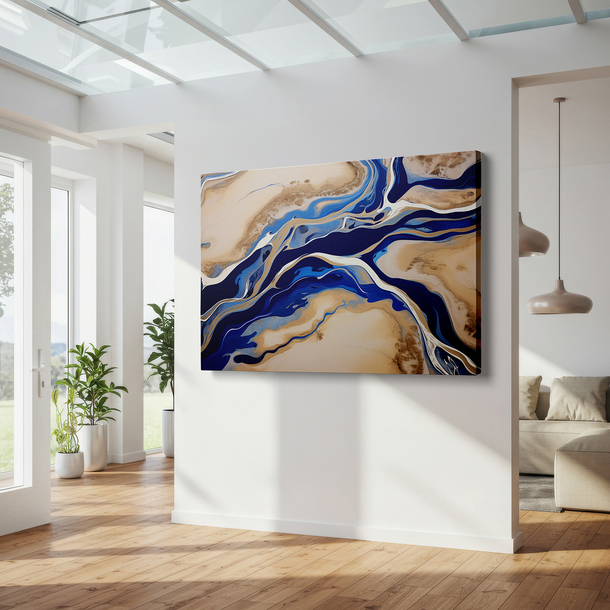 Featured in a dining room with dark wood furniture and candlelight — abstract enchanting waterways wall art in vivid blues and earthy tones, large canvas for office, bedroom, and living room decor