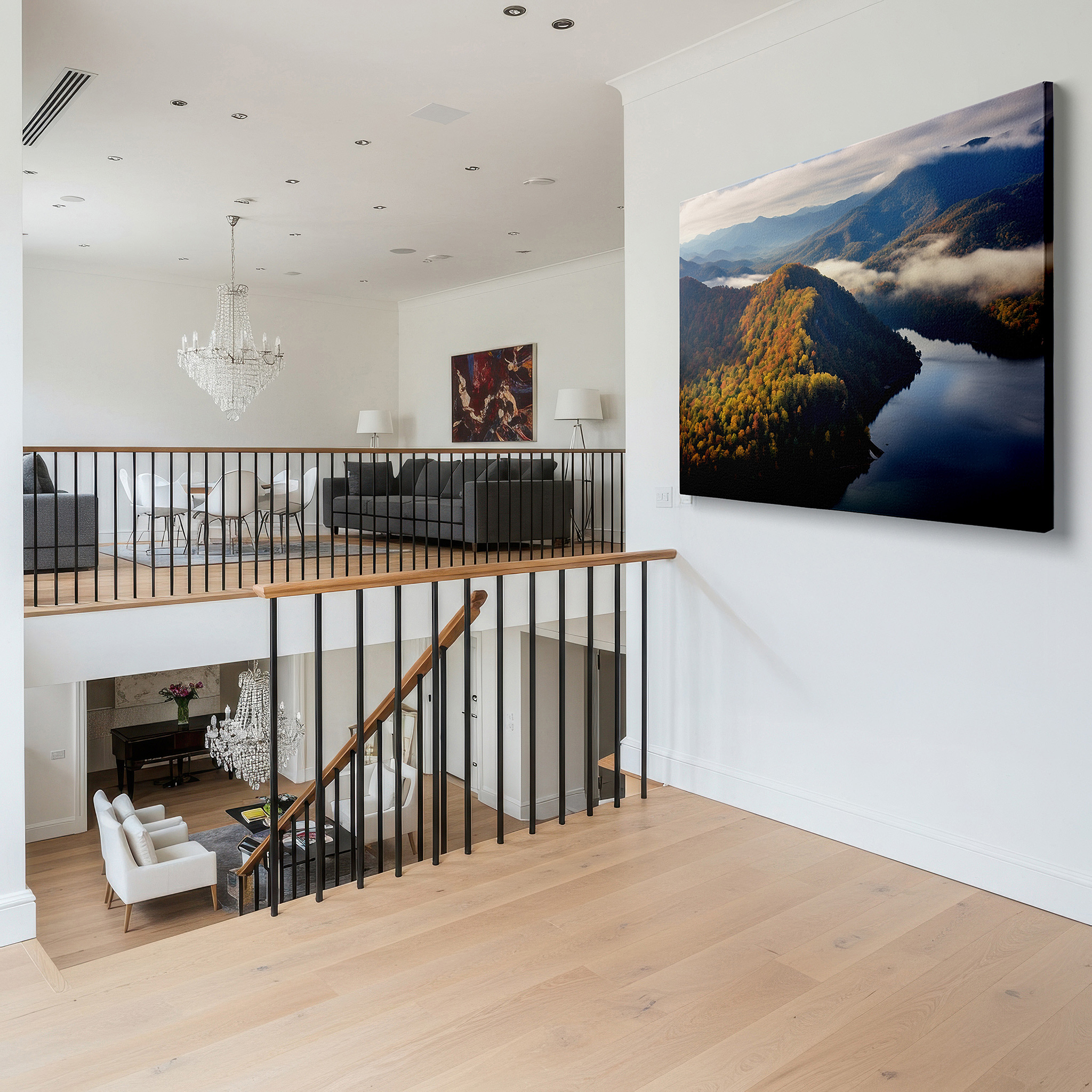 Featured in a dining room with dark wood furniture and candlelight — autumn majesty from above: vibrant mountain and serene water landscape - large canvas wall art decor
