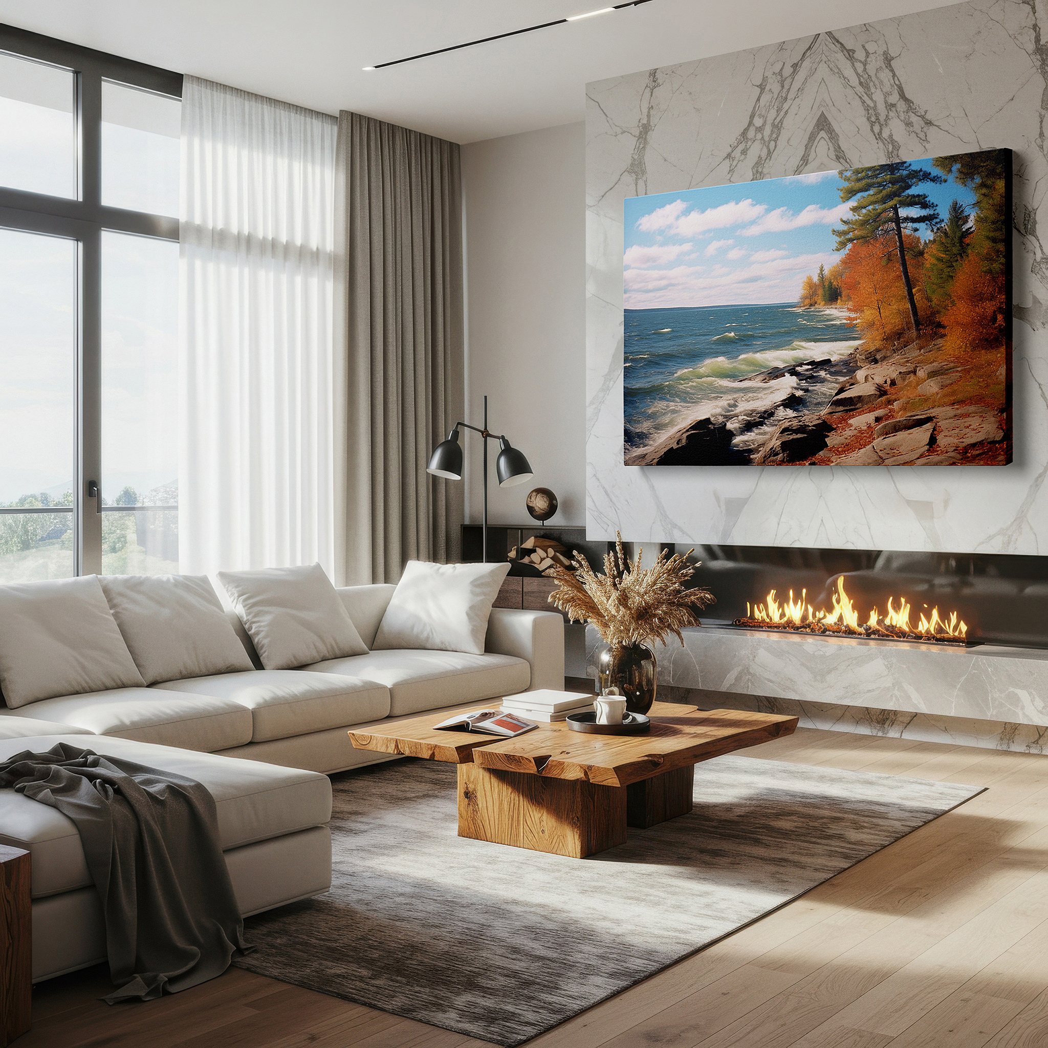 Featured in a dining room with dark wood furniture and candlelight — autumnal serenity coastline, vibrant foliage over calm lake waters, large canvas wall art for office and bedroom decor
