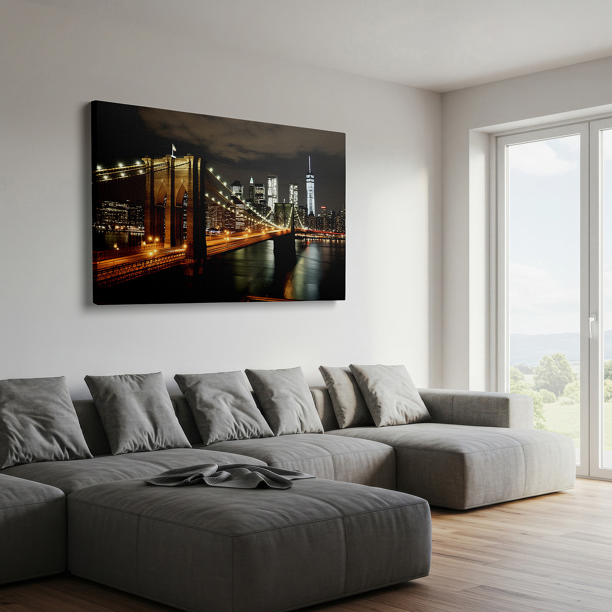 Featured in a dining room with dark wood furniture and candlelight — brooklyn bridge at night: golden lights elegance - large canvas wall art for office, bedroom, and living room decor