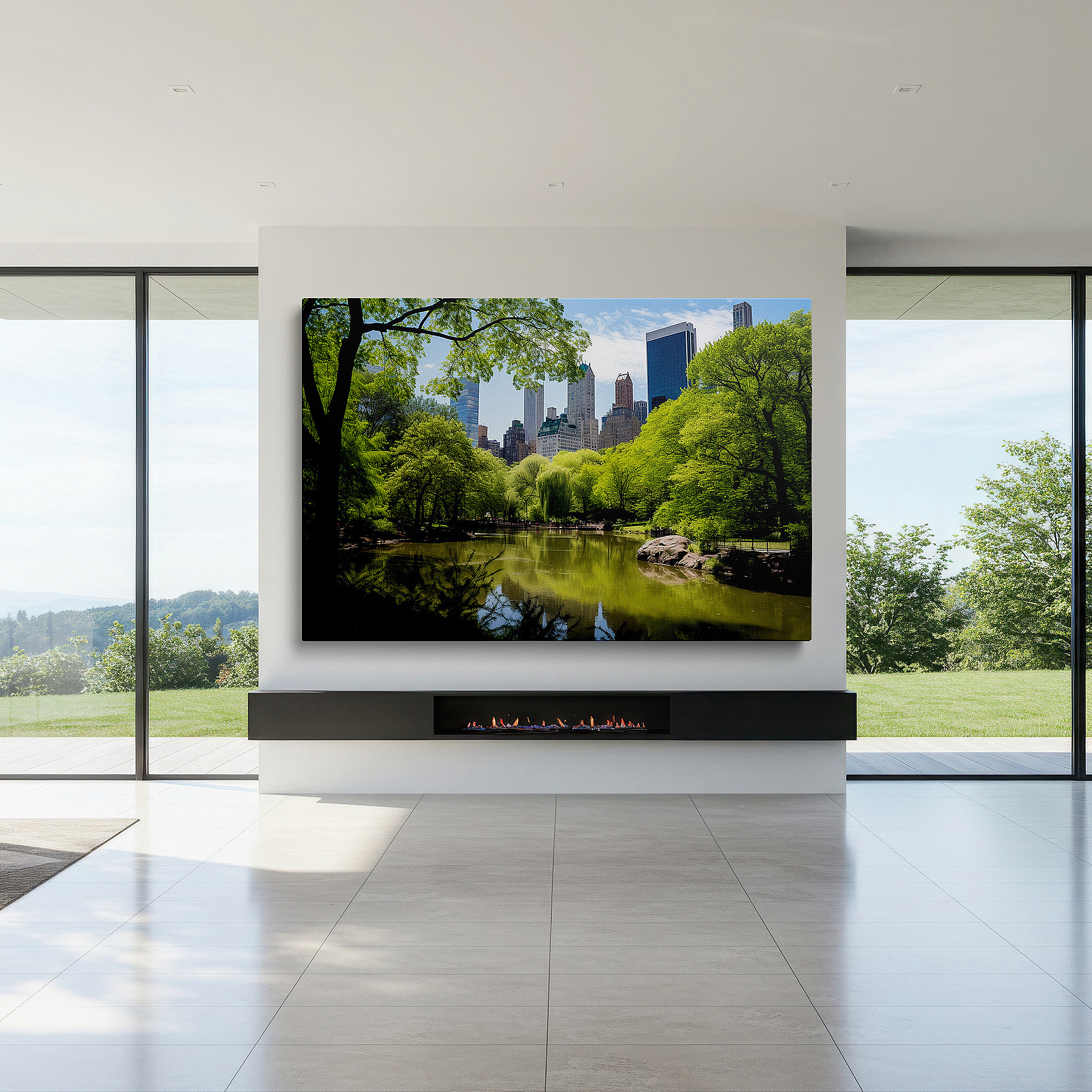 Featured in a dining room with dark wood furniture and candlelight — central park oasis wall art: experience the serenity of nature against new york's city skyline - large canvas art for home and office decor