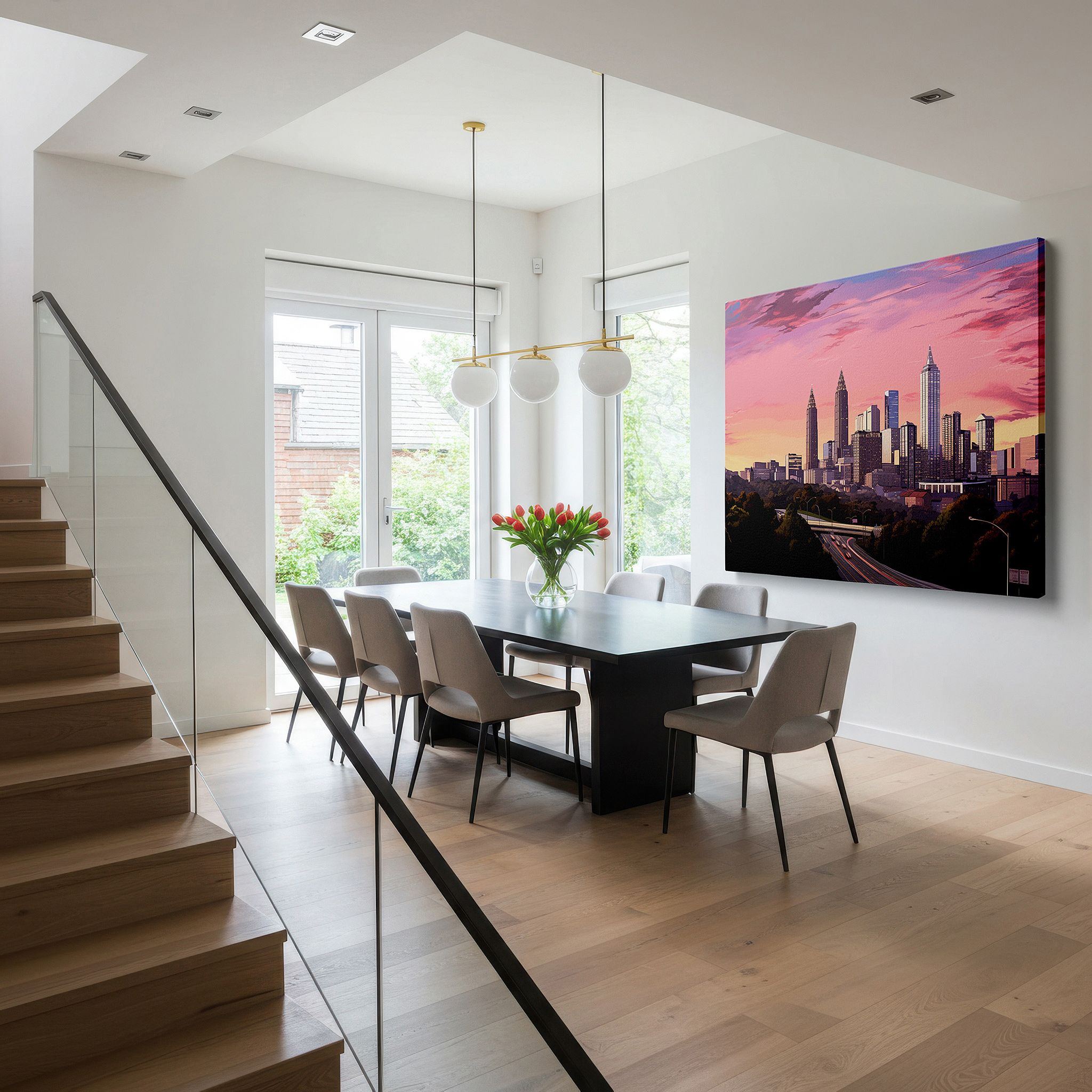 Featured in a dining room with dark wood furniture and candlelight — city skyline at dusk: a vivid display of urban energy and transition - large wall art, canvas wall art, wall decor for office and bedroom